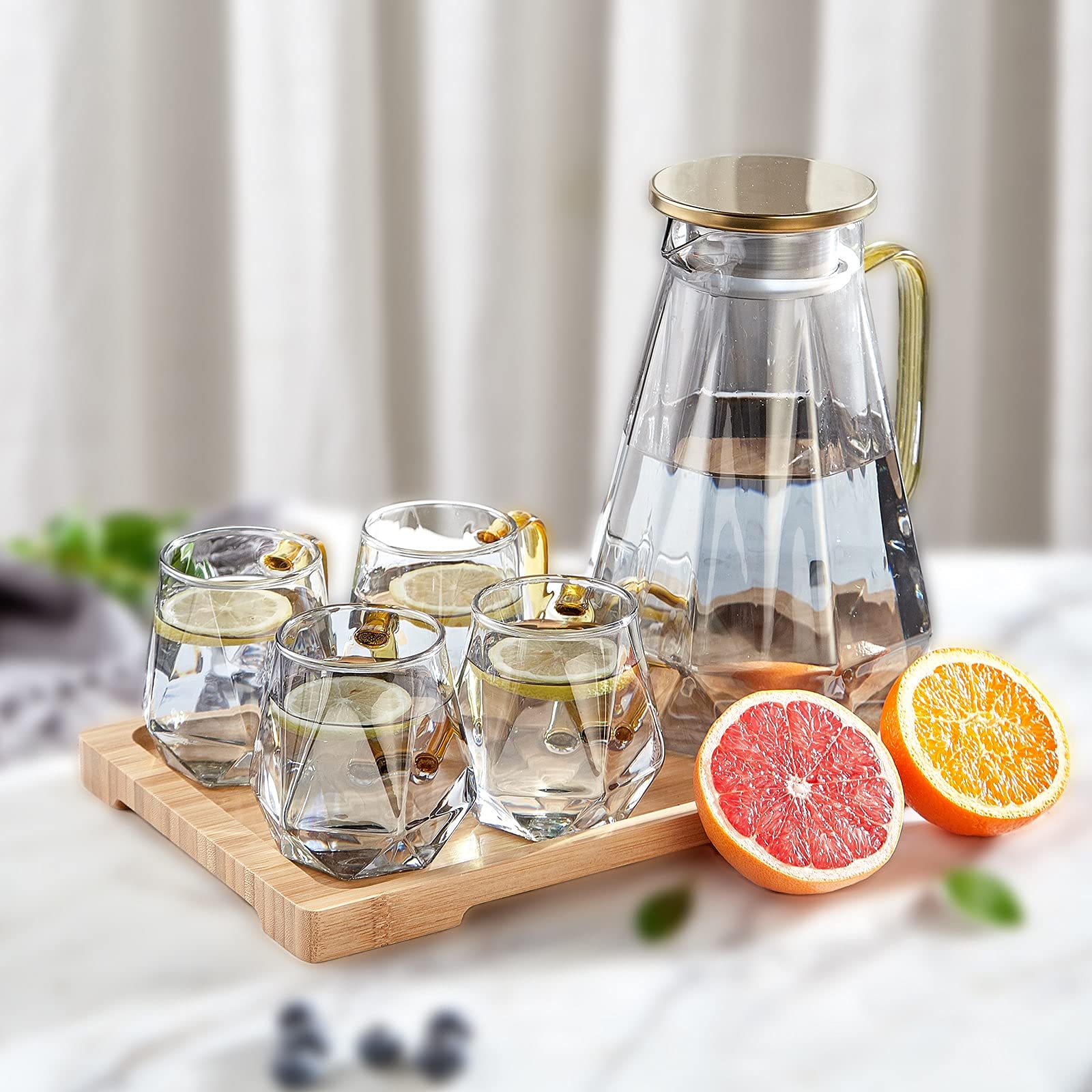 DUJUST Black Diamond Glass Pitcher Set | 6-Piece Borosilicate Carafe