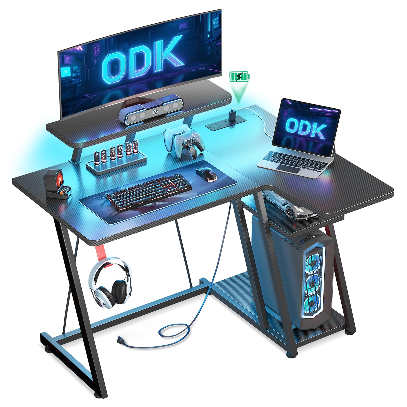ODK L-Shaped Gaming Desk with LED Lights & Power Outlets - Carbon Black