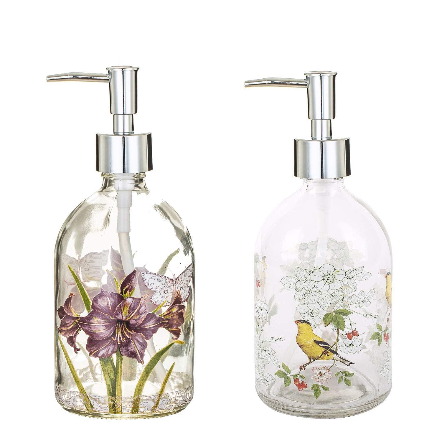 Topadorn 17oz Glass Soap Dispenser | Floral Refillable Lotion Bottle