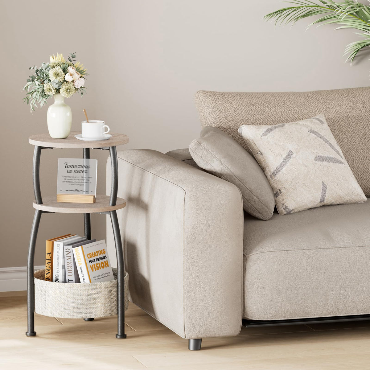 Yuede Round Side Table, 3 Tier Bedside Table, Small End Table with Fabric Basket, Coffee Table for Living Room, Bed Room, Small Space, Easy Assembly - image 2