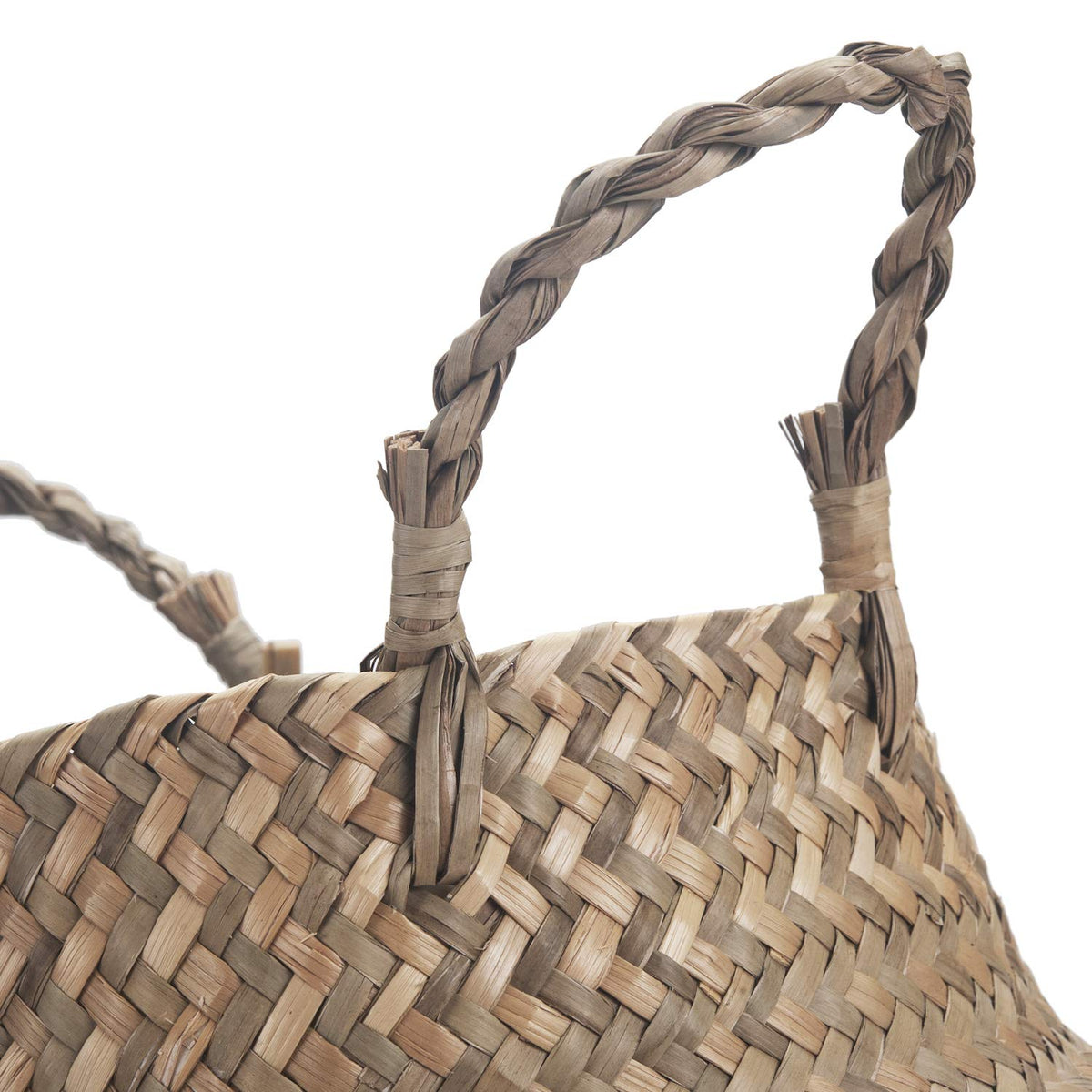 Seagrass Belly Basket Natural Woven Plant Pot Foldable with Handles for Storage Laundry Blankets Toys Natural + Black