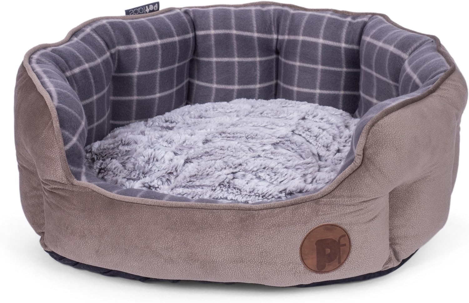 Petface Check and Bamboo Oval Dog Bed - Large Plush Grey Cat Bed