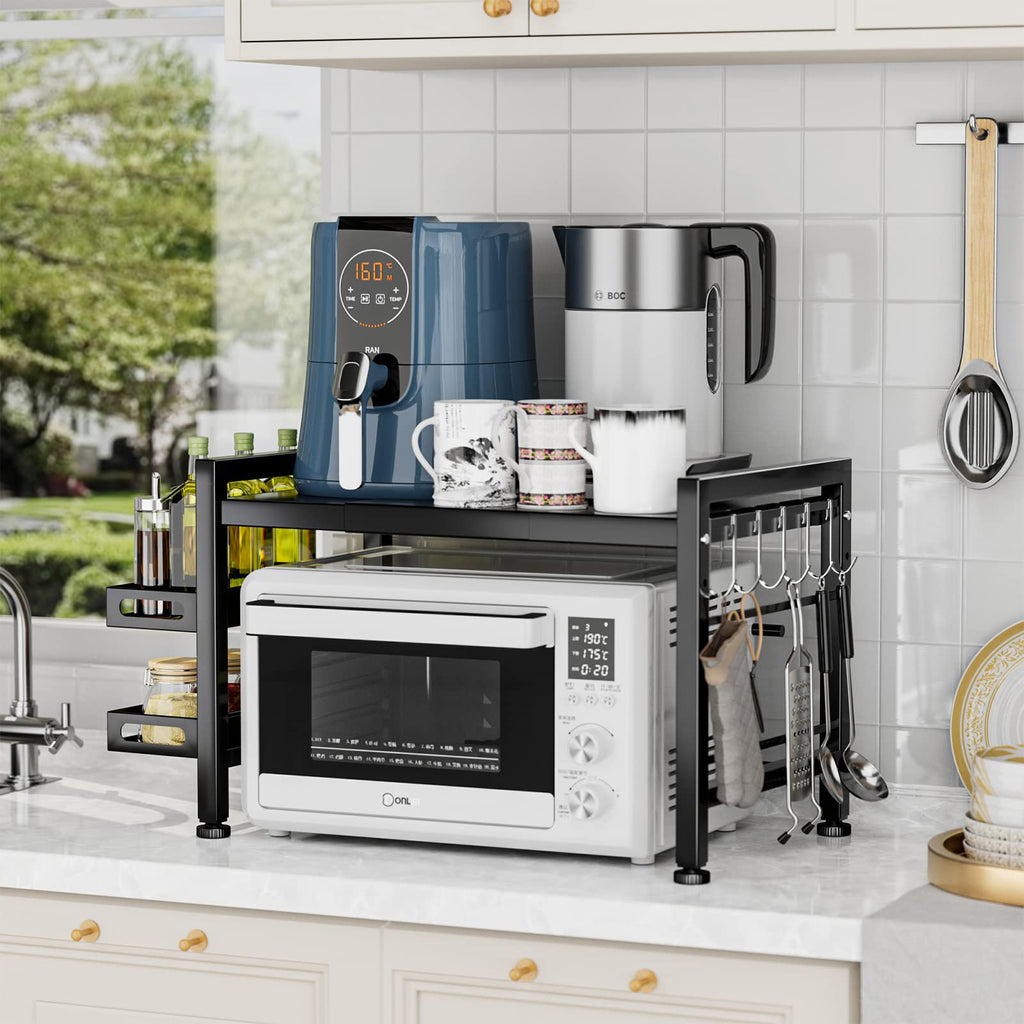 EKNITEY Extendable Microwave Oven Rack | 2-Tier Kitchen Shelf with Hooks