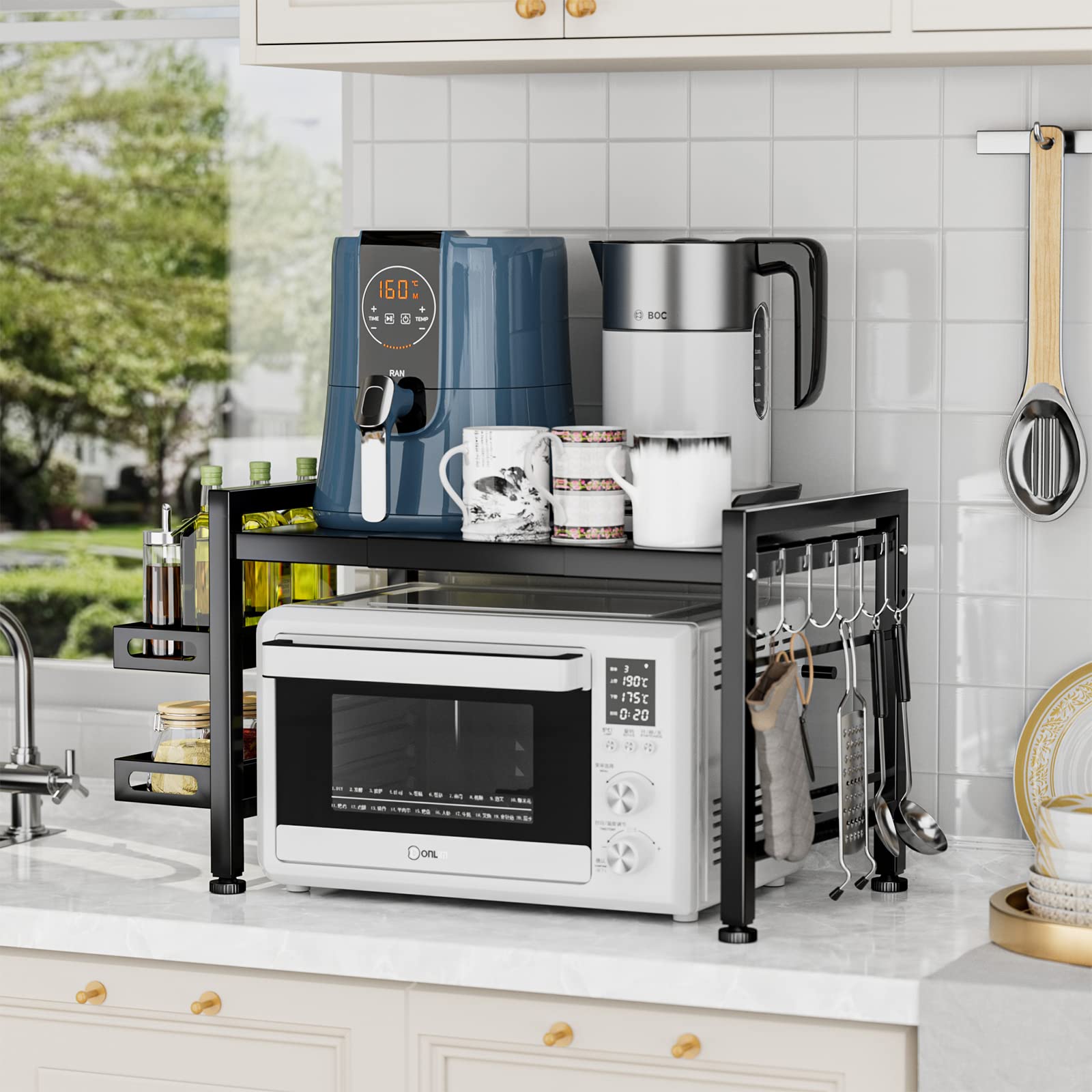 EKNITEY Extendable Microwave Oven Rack | 2-Tier Kitchen Shelf with Hooks