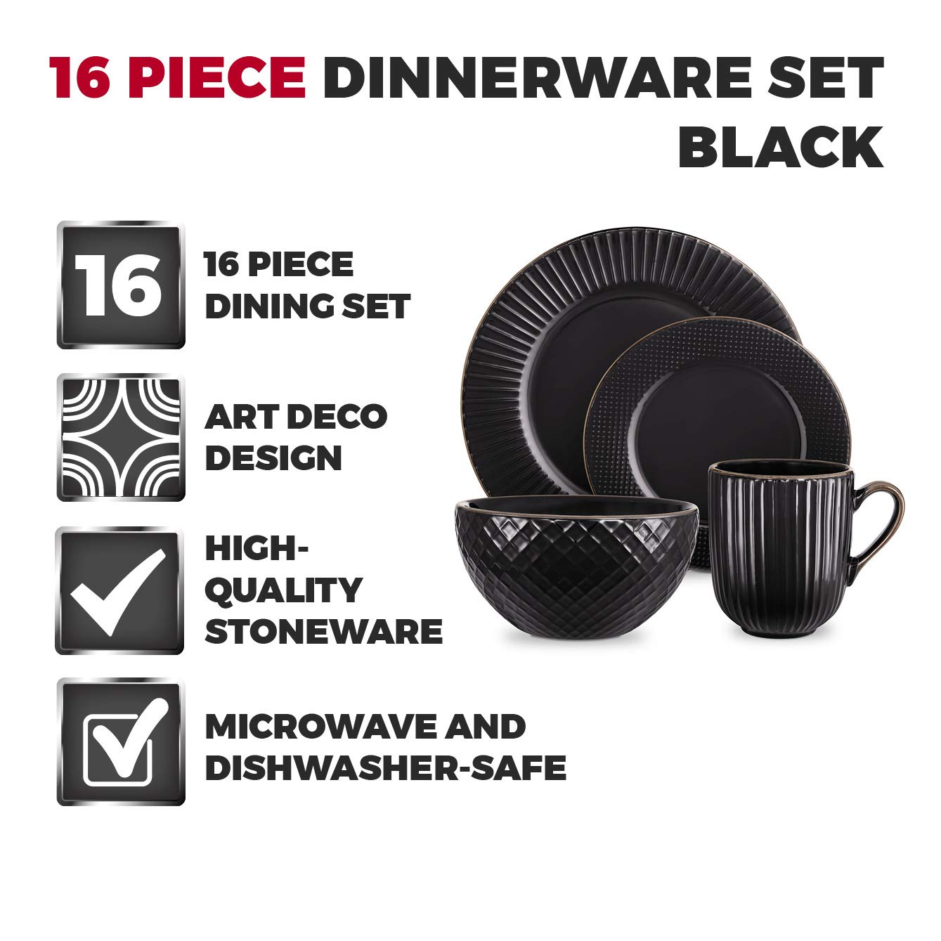 Tower Empire 16 Piece Dinnerware Set | Art Deco Stoneware - Black & Brass