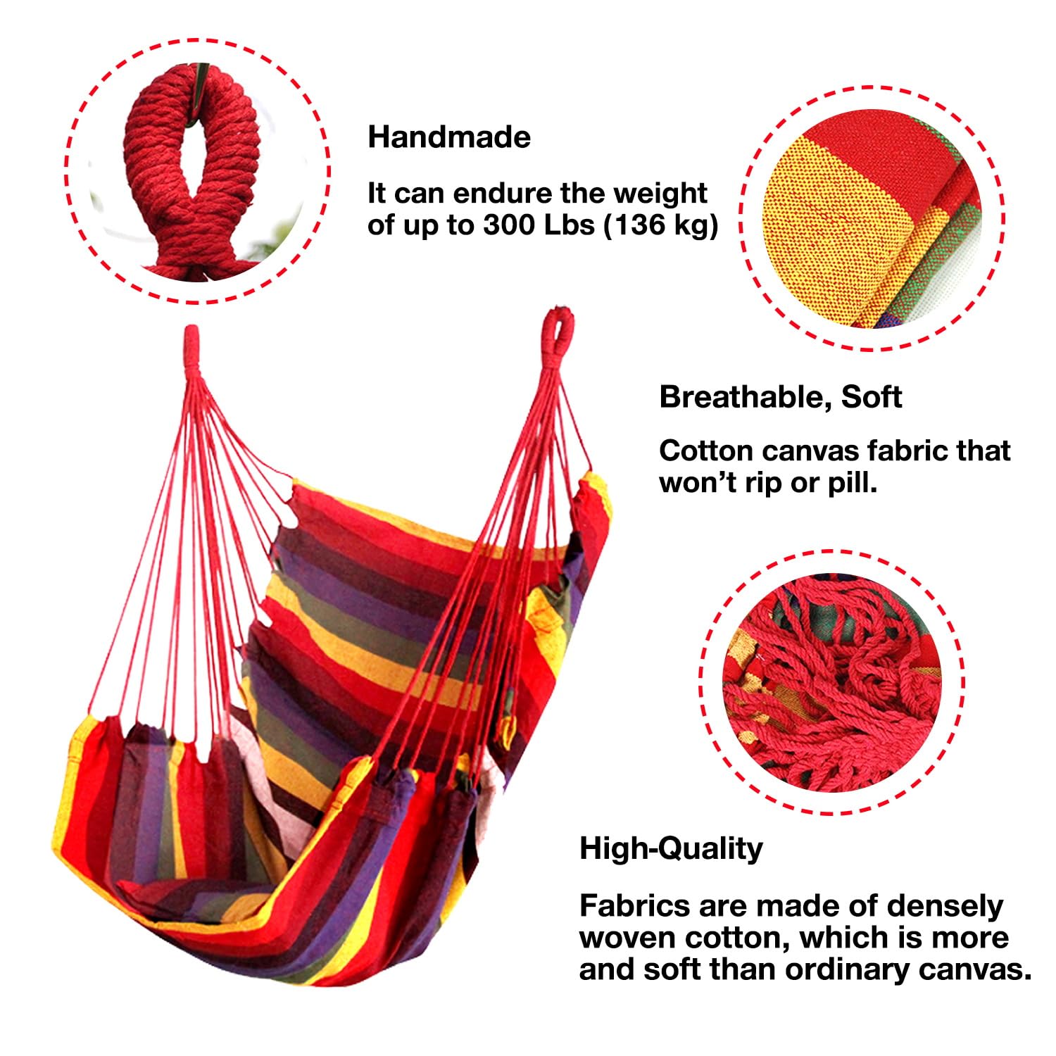 Hommtina Hammock Chair – Boho Cotton Hanging Rope Swing, 300 Lbs Capacity