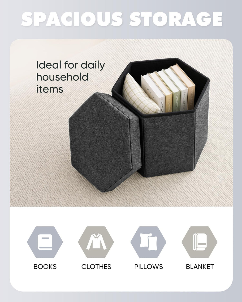 Bonlife Folding Storage Ottoman Hexagonal, Footrest with Toy Ches Box, 43cm - image 3