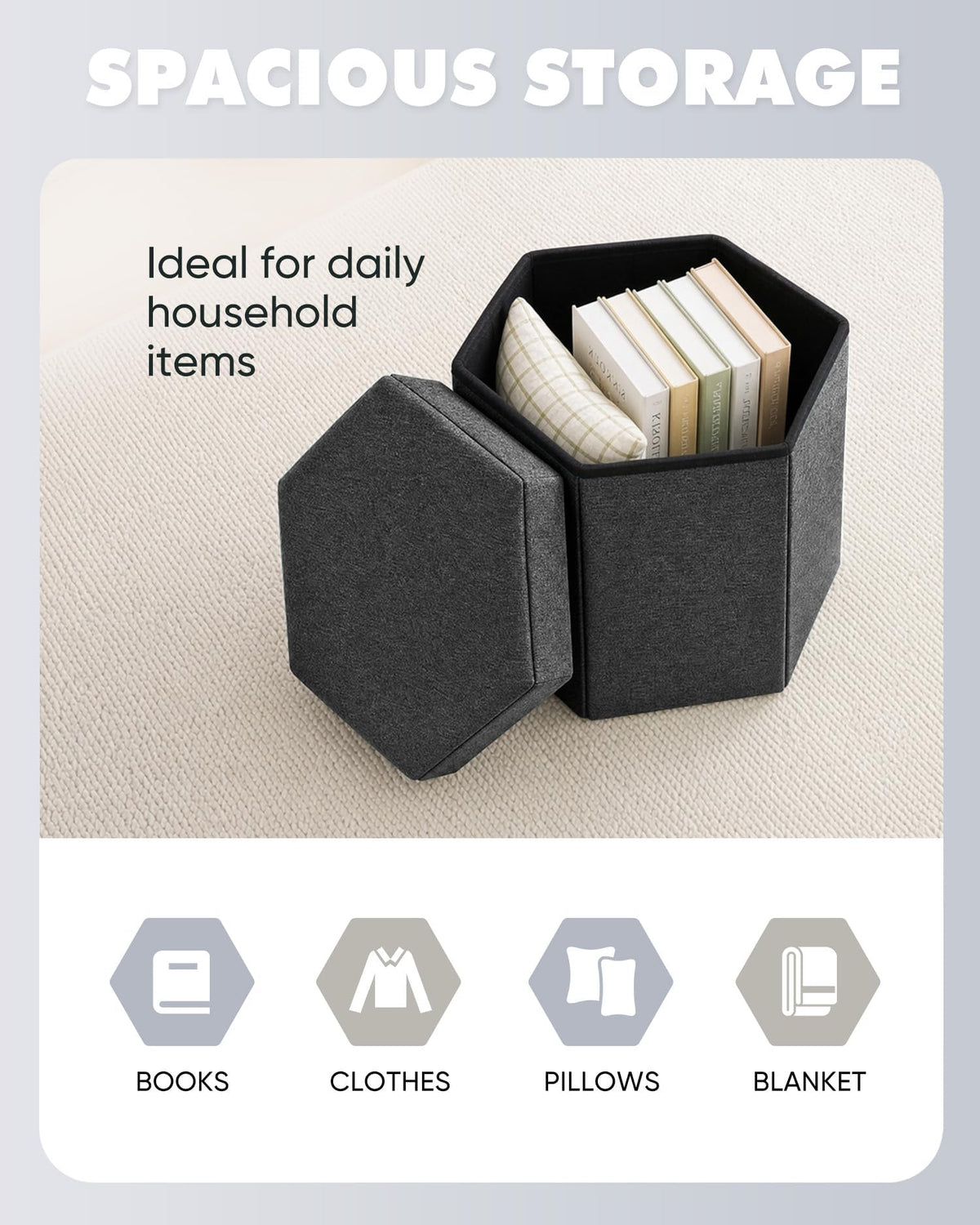 Bonlife Folding Storage Ottoman Hexagonal, Footrest with Toy Ches Box, 43cm - image 3