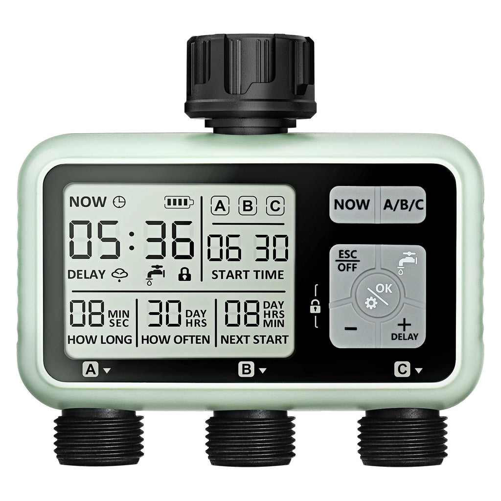 Johgee 3-Zone Water Timer | Brass Interface IPX5 Sprinkler Controller