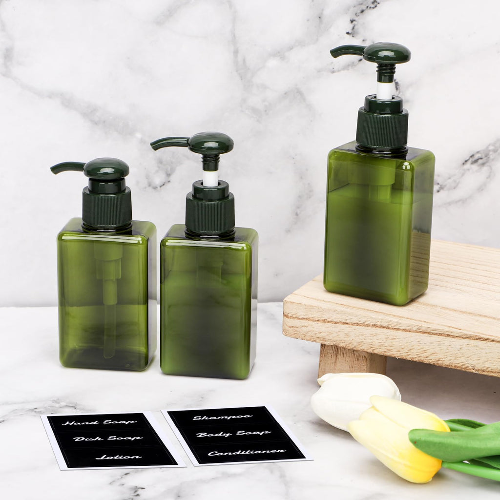 Segus Hand Soap Dispenser, 3 Pieces 100ml Empty Shampoo Bottles, Small Shower Dispensers with Labels, in Plastic, Bathroom Accessories Dark Green