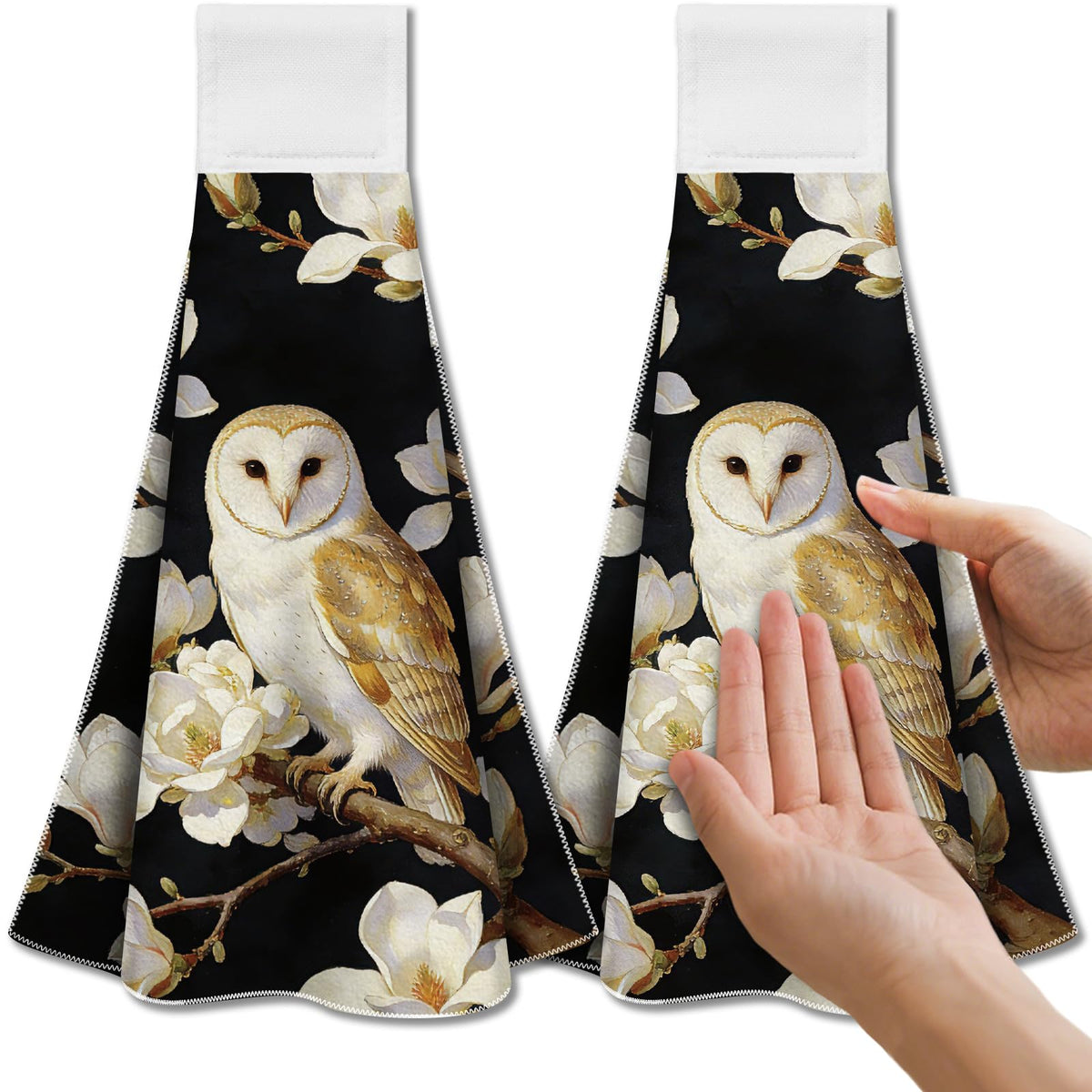 CUTHOLLOW 2 Pcs Owl and White Magnolia Hanging Kitchen Towels with Loop - image 1
