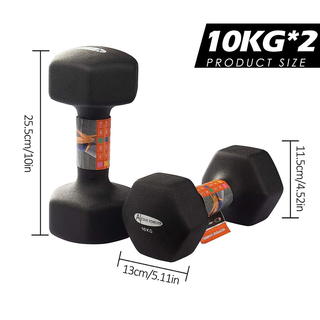 ACTIVE FOREVER Neoprene Hex Dumbbells - 10kg Set of 2, Non-Slip Black