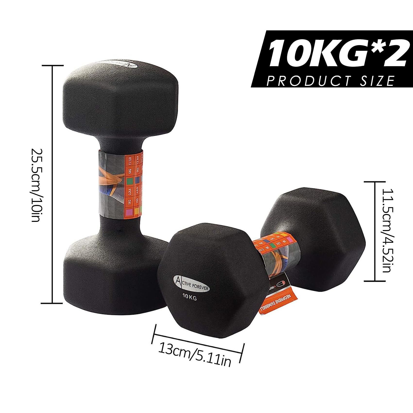 ACTIVE FOREVER Neoprene Hex Dumbbells - 10kg Set of 2, Non-Slip Black