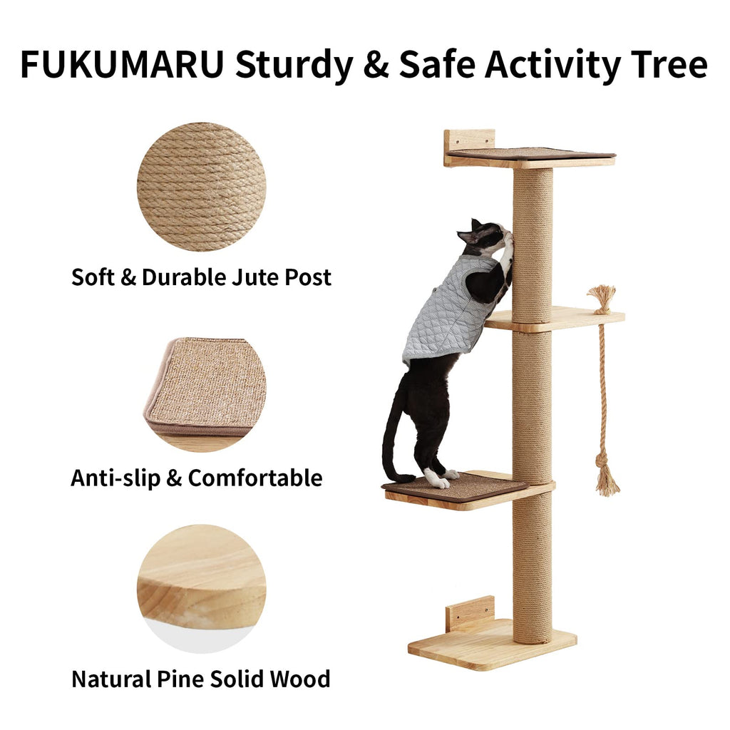 FUKUMARU Wall Mounted Cat Scratching Tree – 125cm Rubber Wood Jute Post
