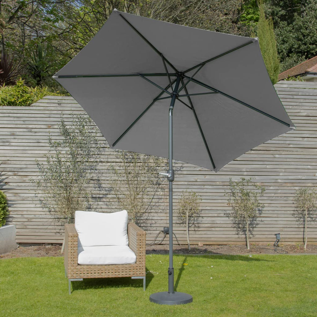 GardenKraft 2.7m Garden Parasol - Grey Tilt & Crank Outdoor Umbrella
