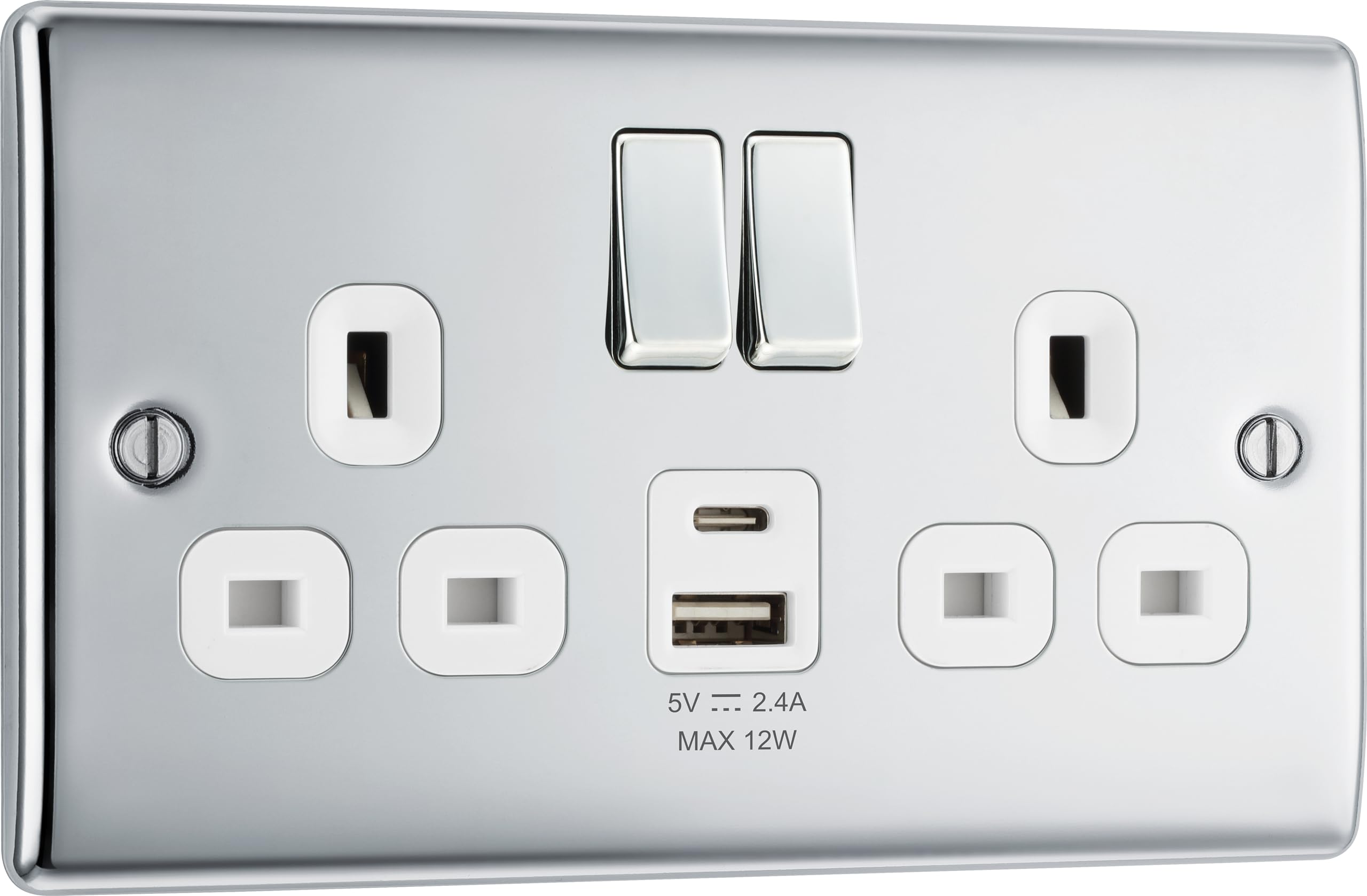 BG Electrical Double Switched Socket | Polished Chrome USB A+C