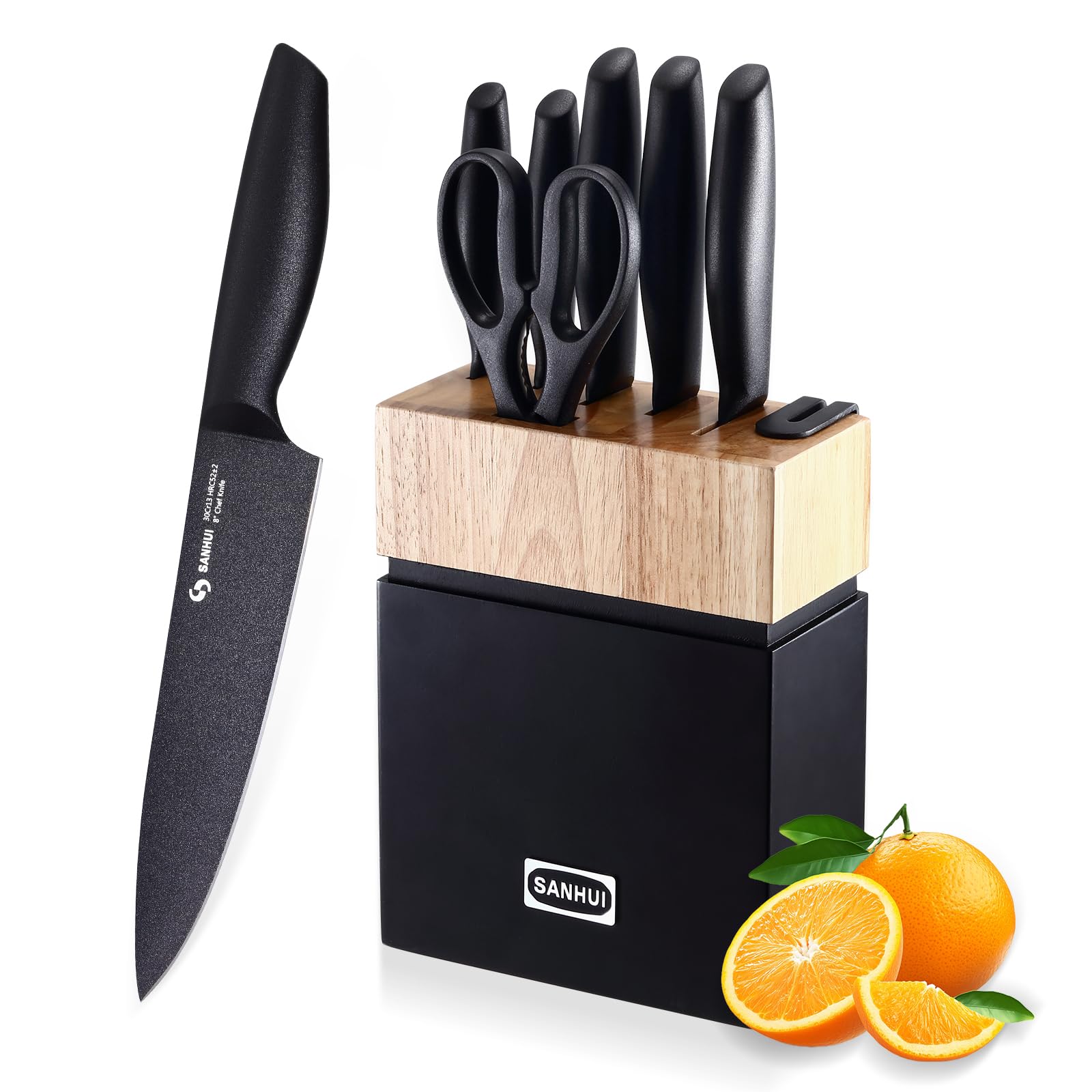 SANHUI 7-Piece High Carbon Stainless Steel Kitchen Knife Set with Block