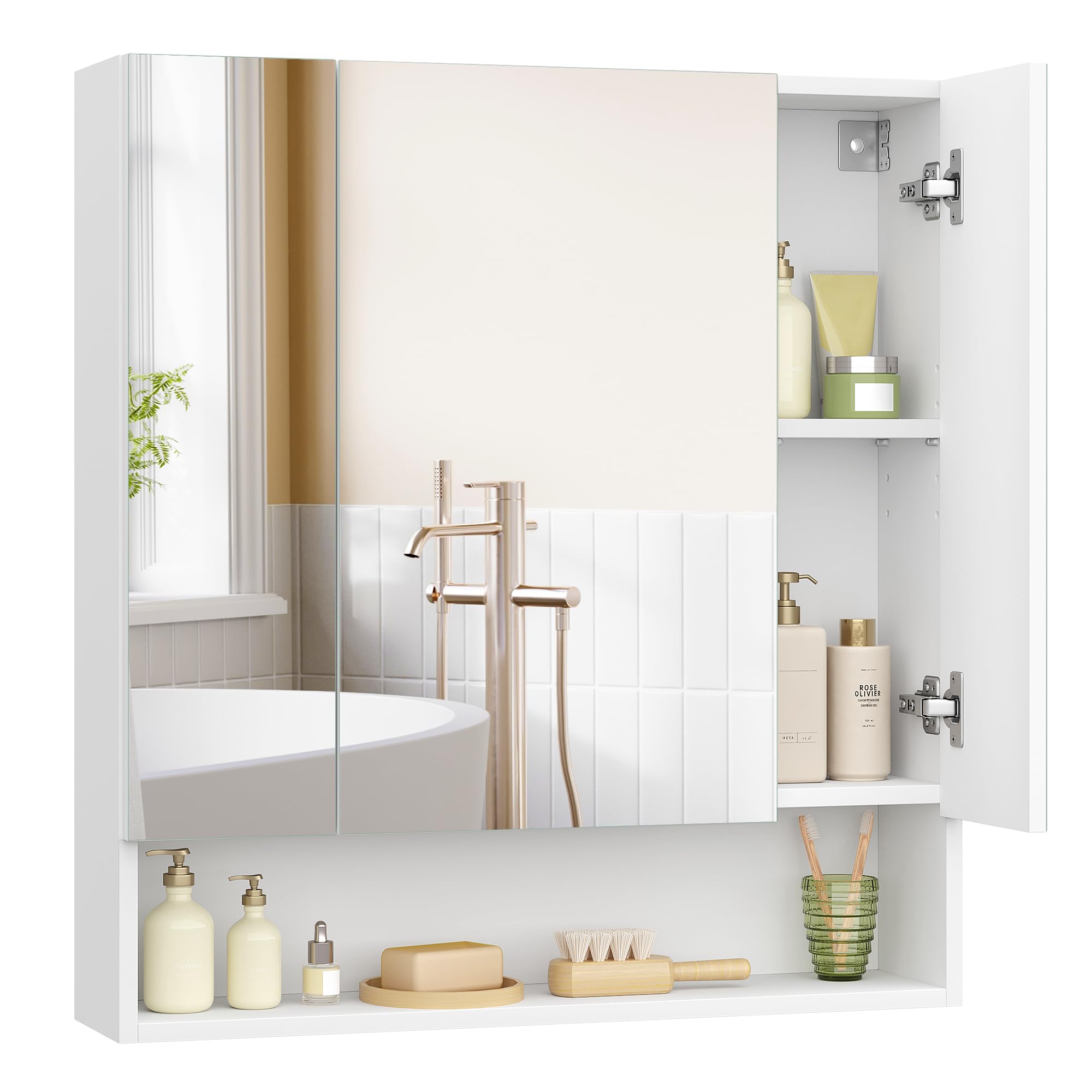 VASAGLE KAILYN Bathroom Mirror Cabinet | 3-Door Wall Storage, White