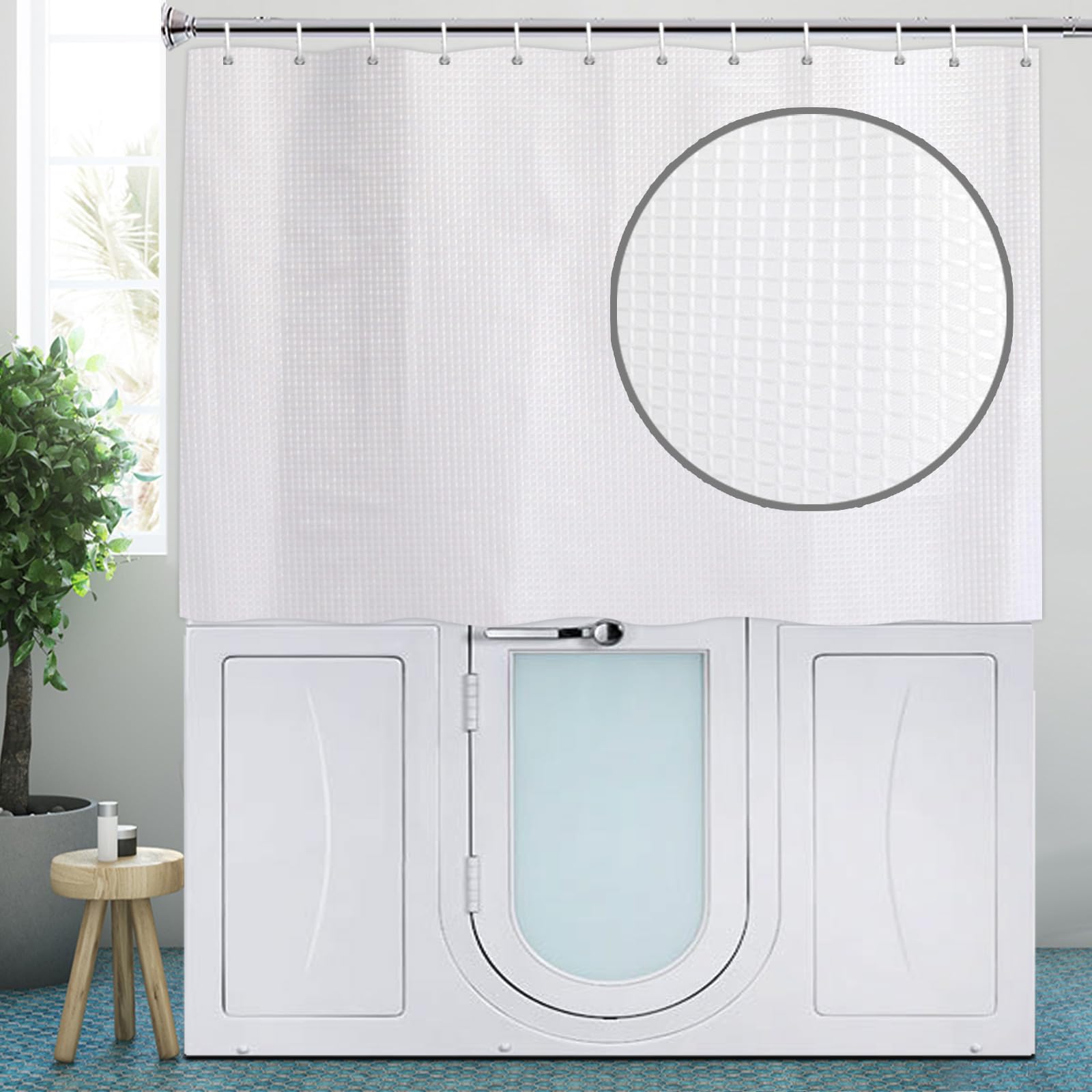 White Waffle Fabric Short Shower Curtain for Walk-in Tubs