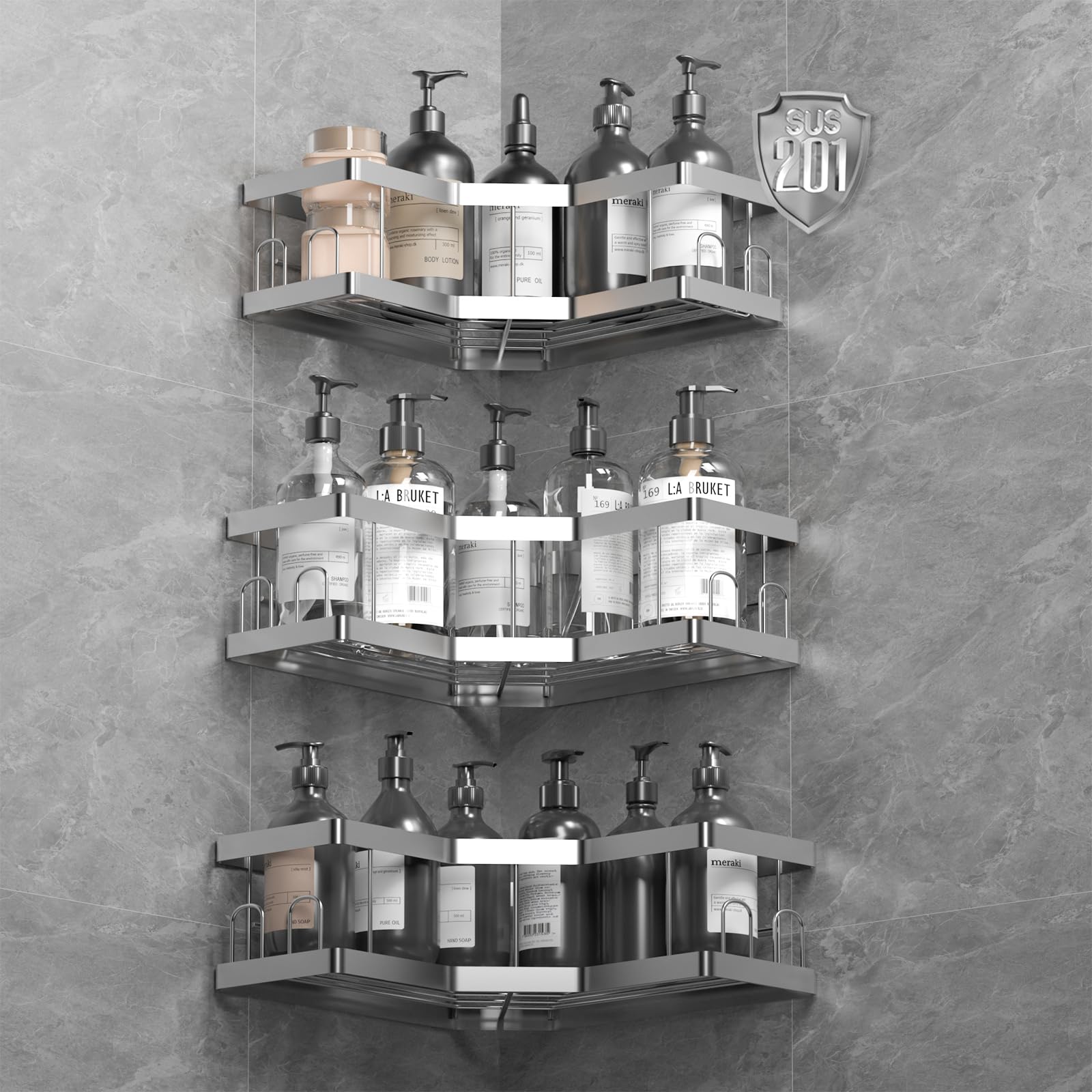 AceMining Shower Caddy | 3 Pack Stainless Steel No-Drill Bathroom Shelves