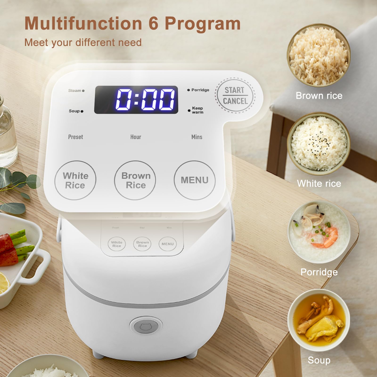 Bear 4-Cup Multifunctional Rice Cooker with Steamer – 2L Non-Stick Pot