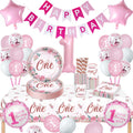 1st Birthday Girl Party Tableware Set | Pink Decorations, 16 Guests