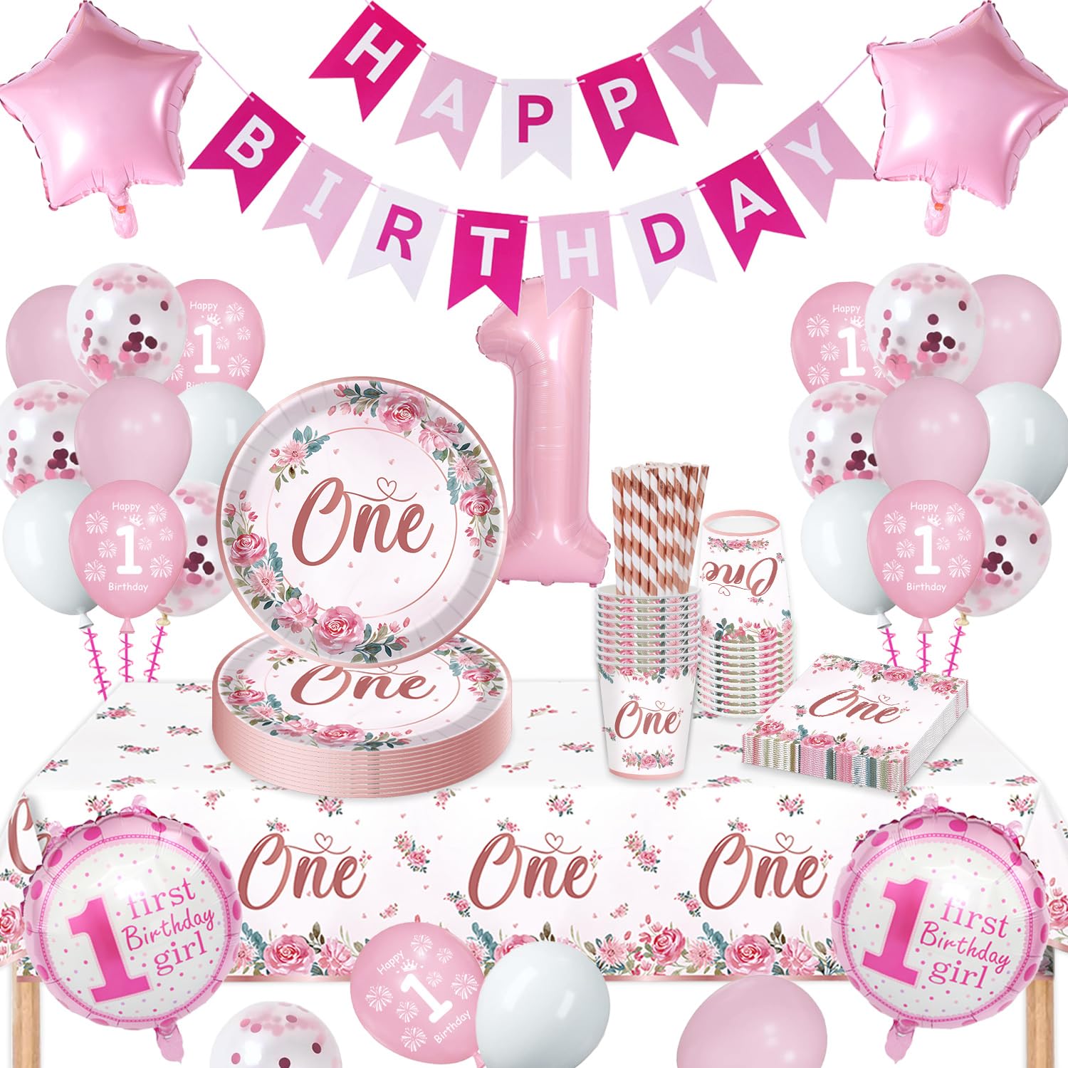 1st Birthday Girl Party Tableware Set | Pink Decorations, 16 Guests