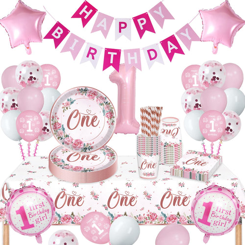 1st Birthday Girl Party Tableware Set | Pink Decorations, 16 Guests