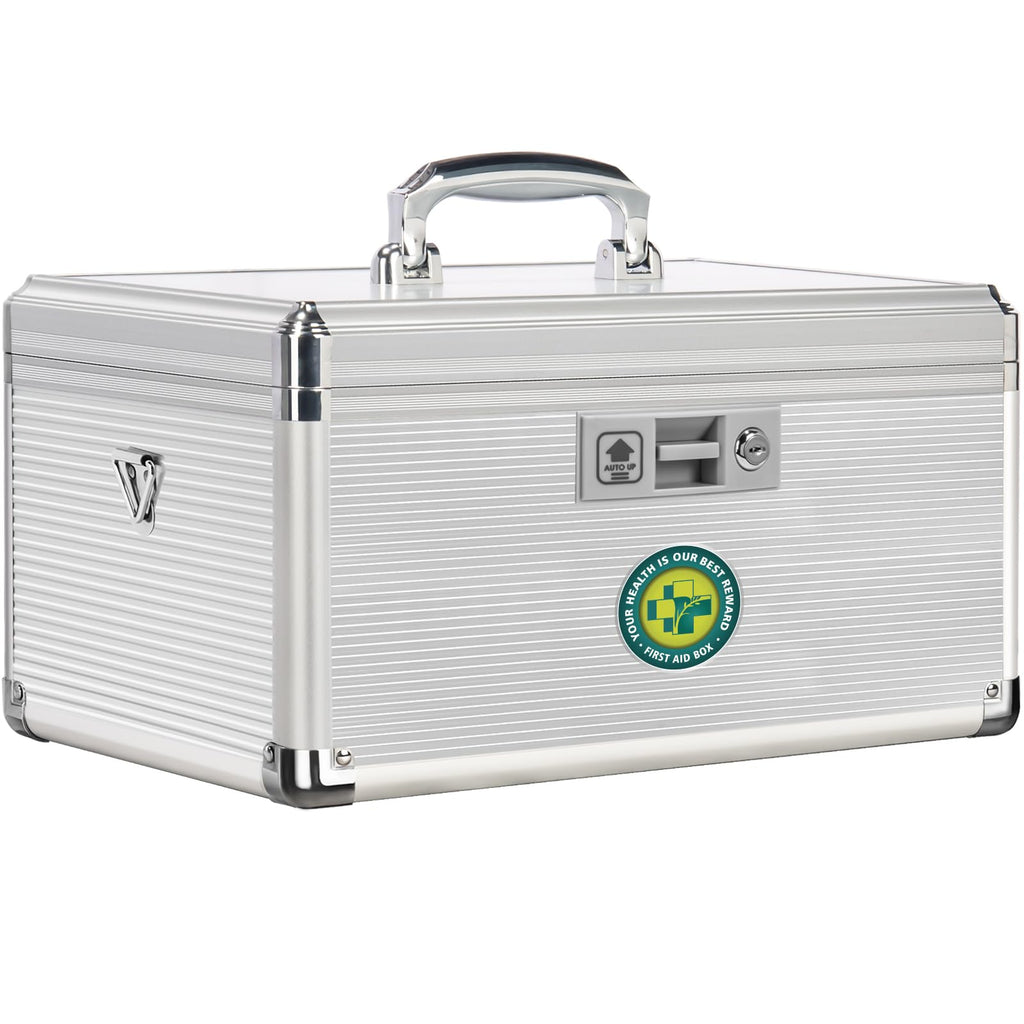 ZORVIDSON Medicine Lock Box with Key – Extra Large Silver Storage Case