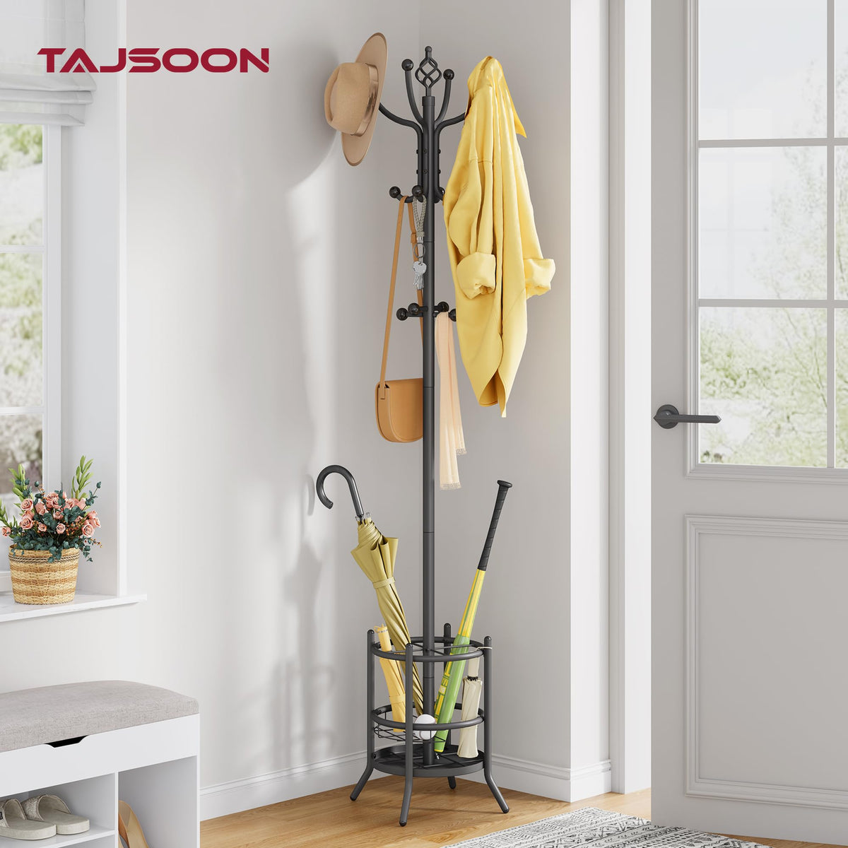 Tajsoon Coat Tree with Umbrella Stand, Coat Rack With 16 Hooks, Grey - image 2
