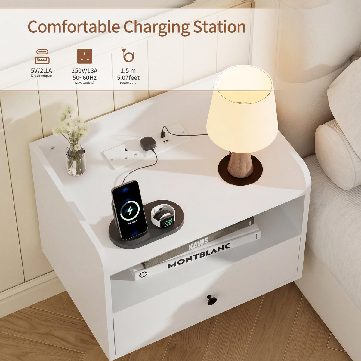 BonVache Set of 2 Floating Bedside Tables, Wall Mounted Bedside Table with Charging Station, Floating nightstand with Open Shelf and Drawer - image 3
