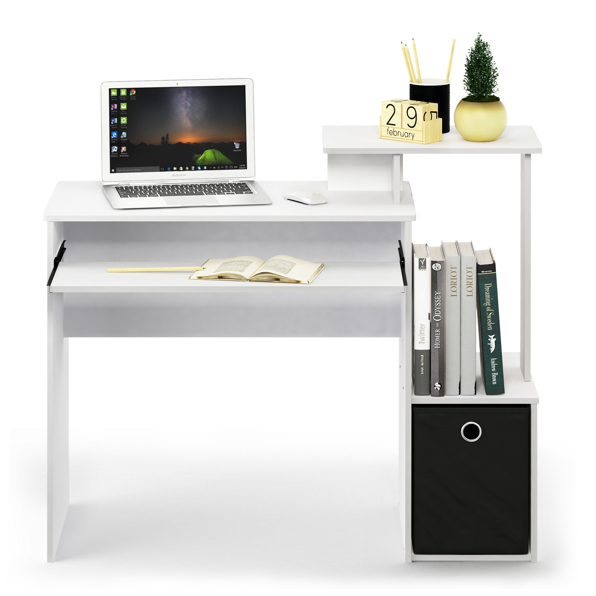 Furinno Econ Computer Writing Desk with Storage Bin – White/Black