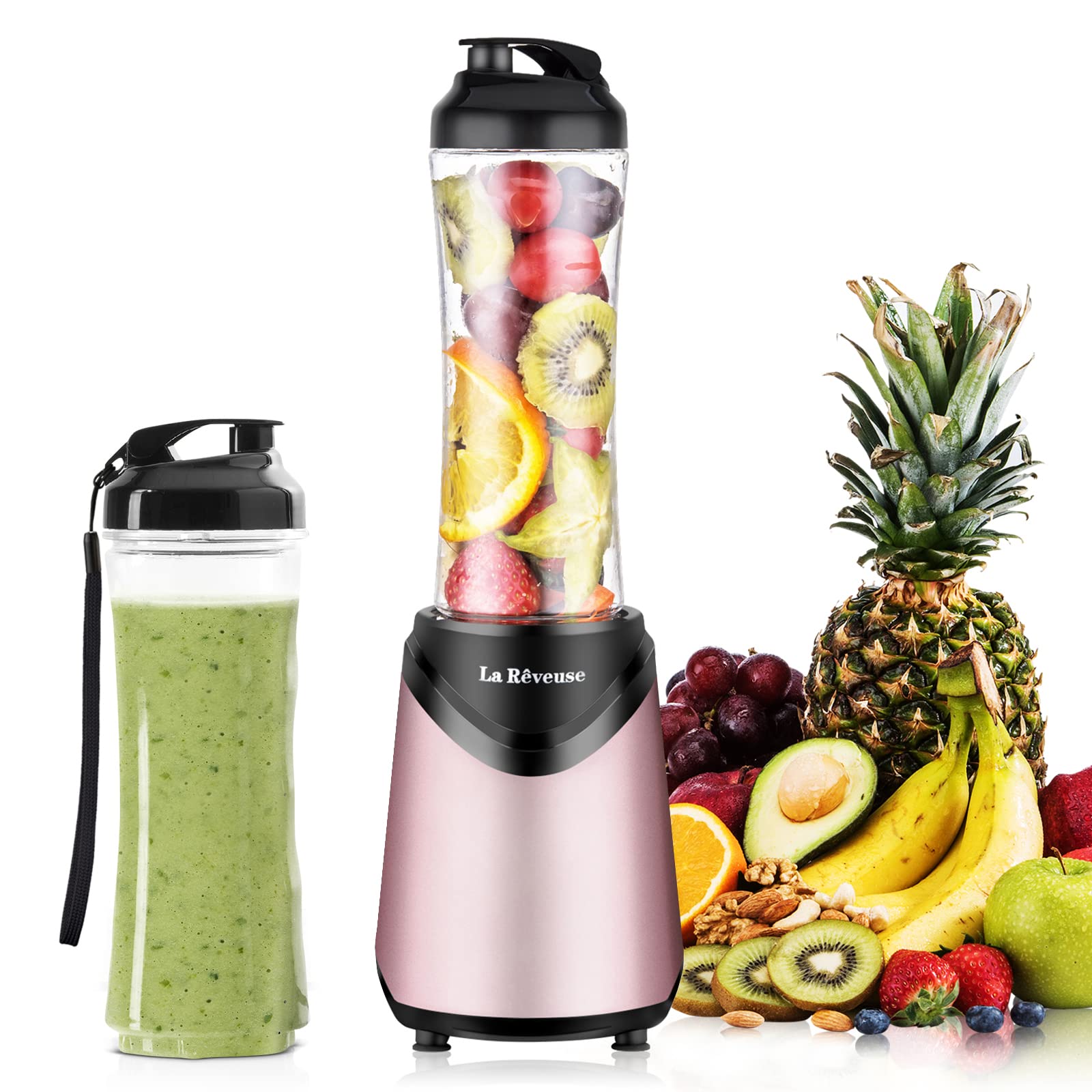 La Reveuse Personal Smoothie Blender with 2 Portable Travel Bottles, Pink