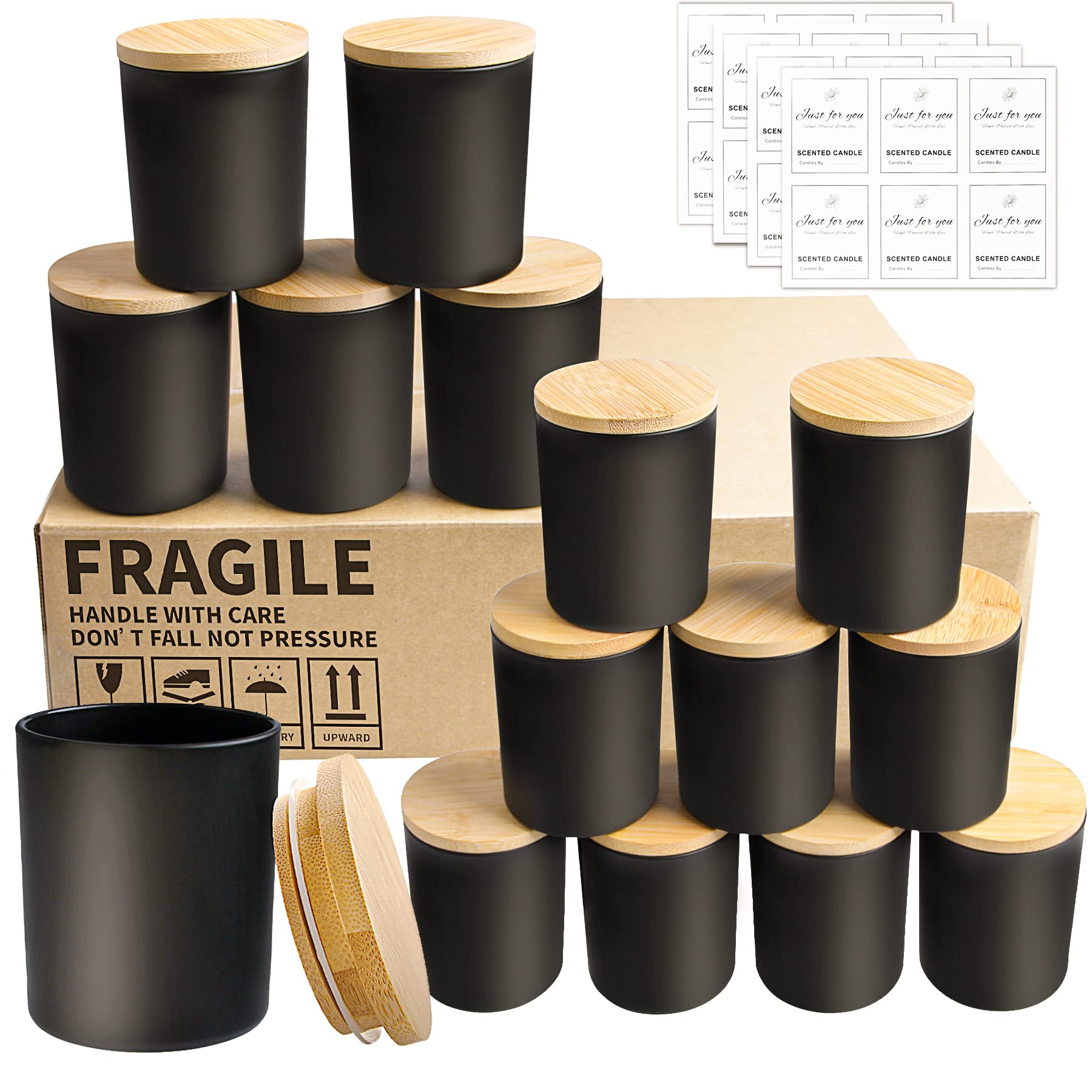 CONNOO 15 Pack Matte Black Glass Candle Jars with Bamboo Lids, 7oz