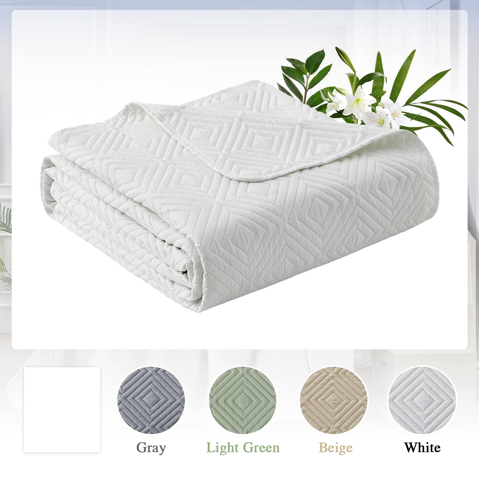 Qucover Super King White Quilted Bedspread – 3-Piece Geometric Summer Quilt