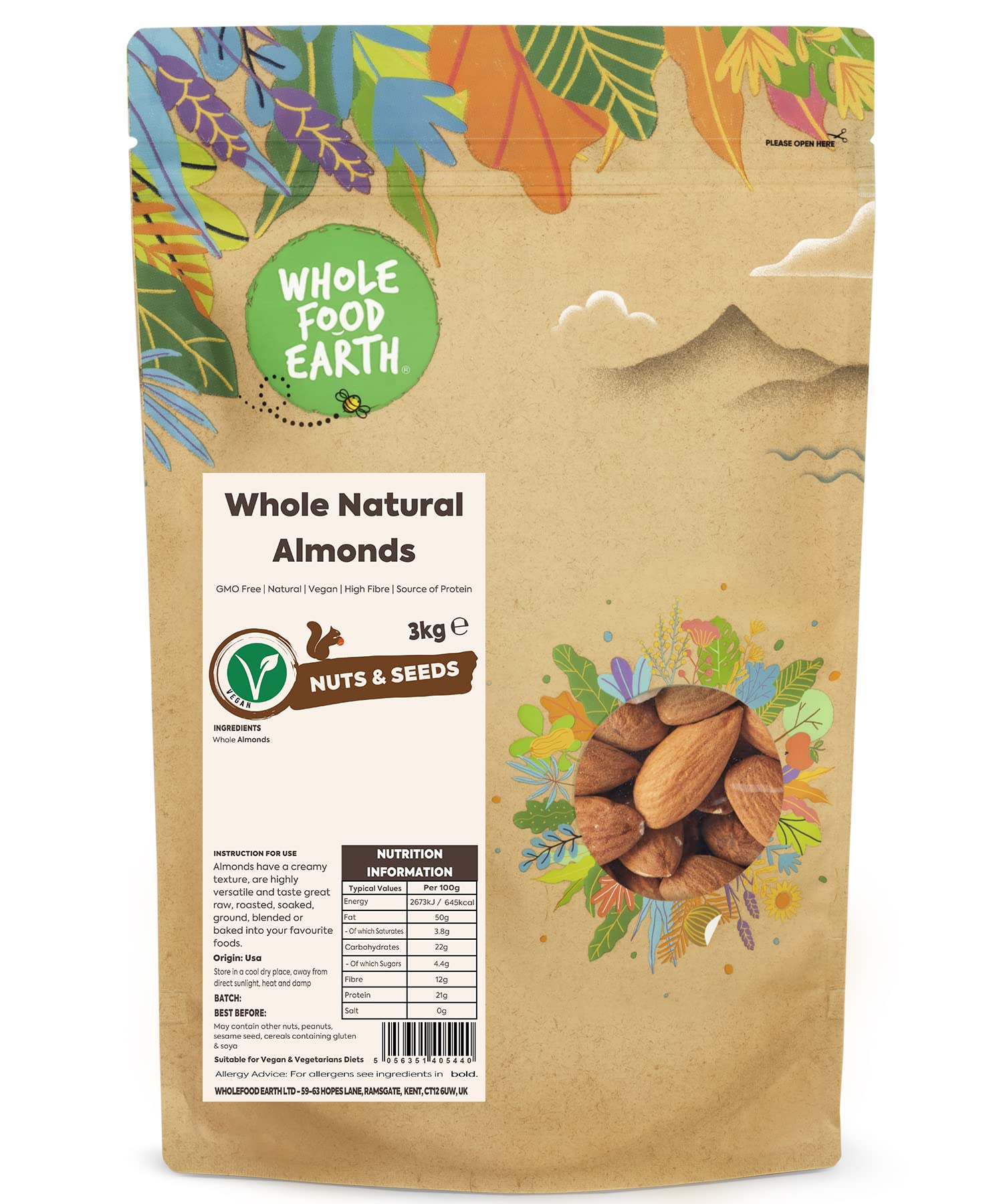 Wholefood Earth Whole Natural Almonds – 3kg Bulk Bag – Vegan & GMO Free