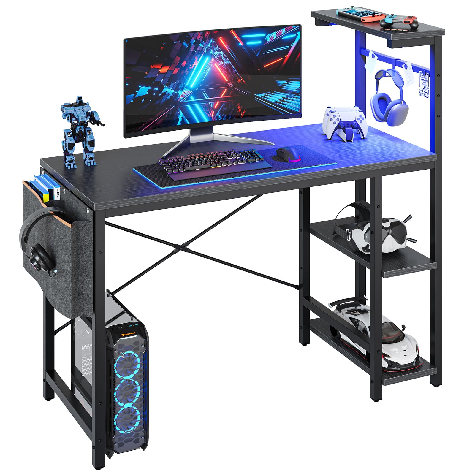Bestier Small Corner Computer Desk with LED Lights & Storage - 113CM