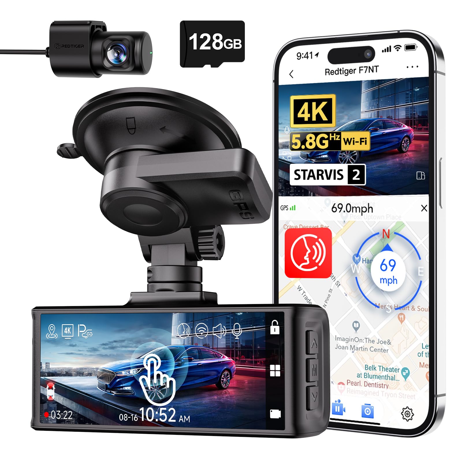 REDTIGER F7N Touch 4K Dash Cam Front and Rear | 3.18" Screen & GPS