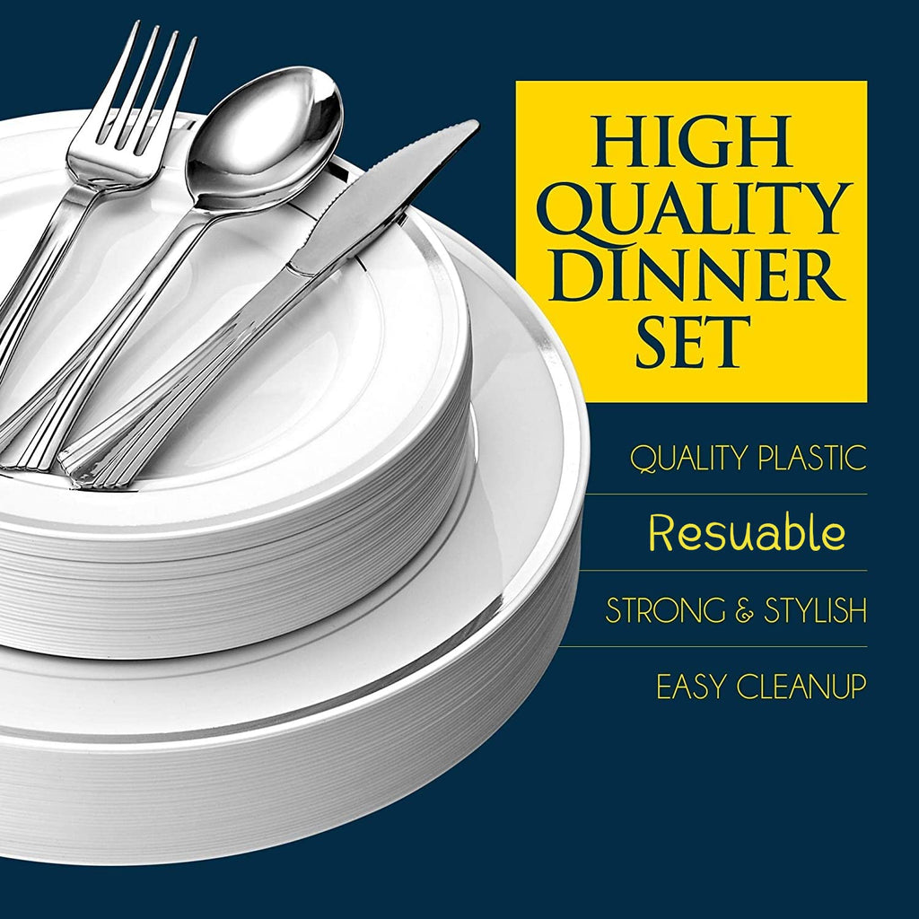 LATERN 150-Piece Silver Rim Plastic Dinnerware Set – Reusable Party Supplies