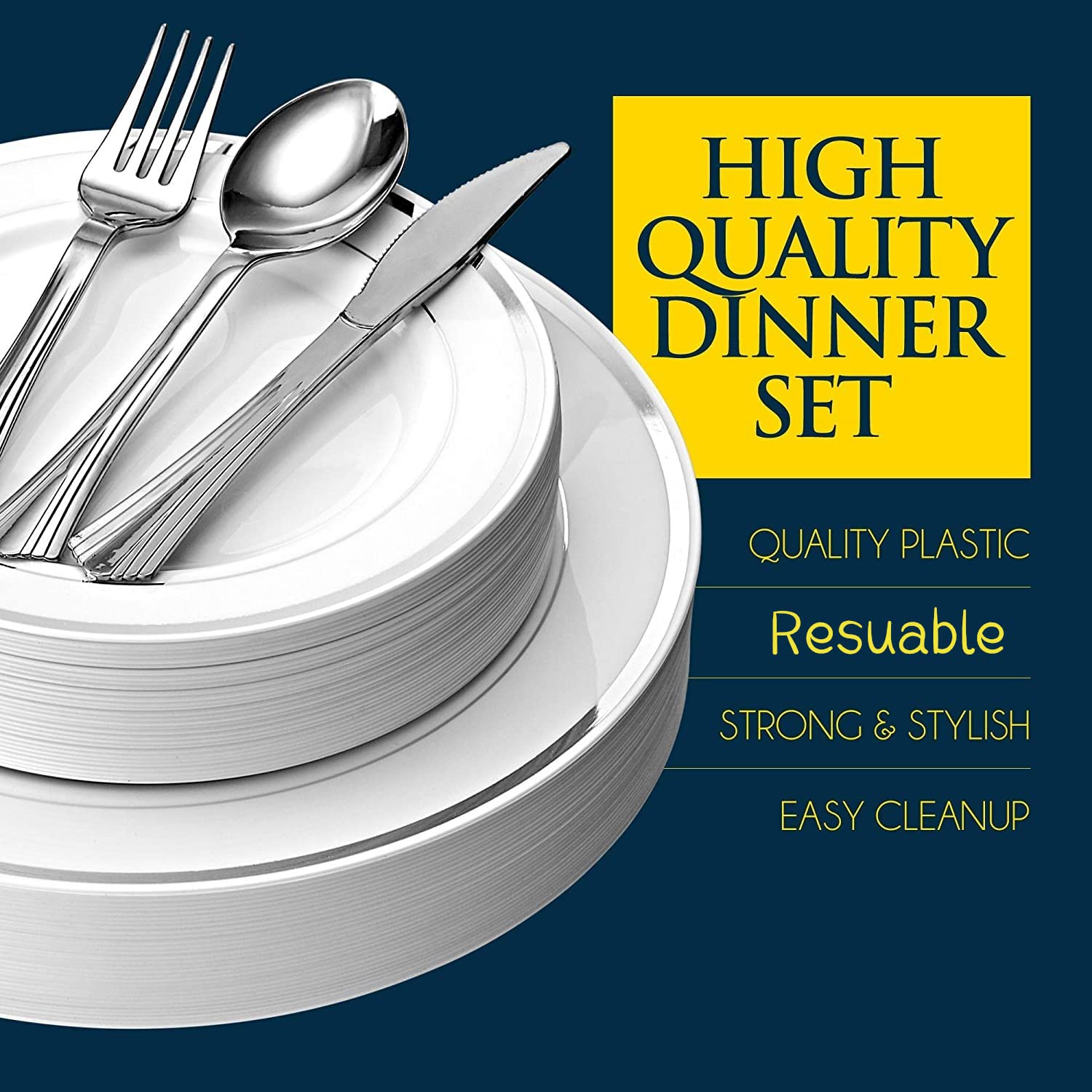 LATERN 150-Piece Silver Rim Plastic Dinnerware Set – Reusable Party Supplies