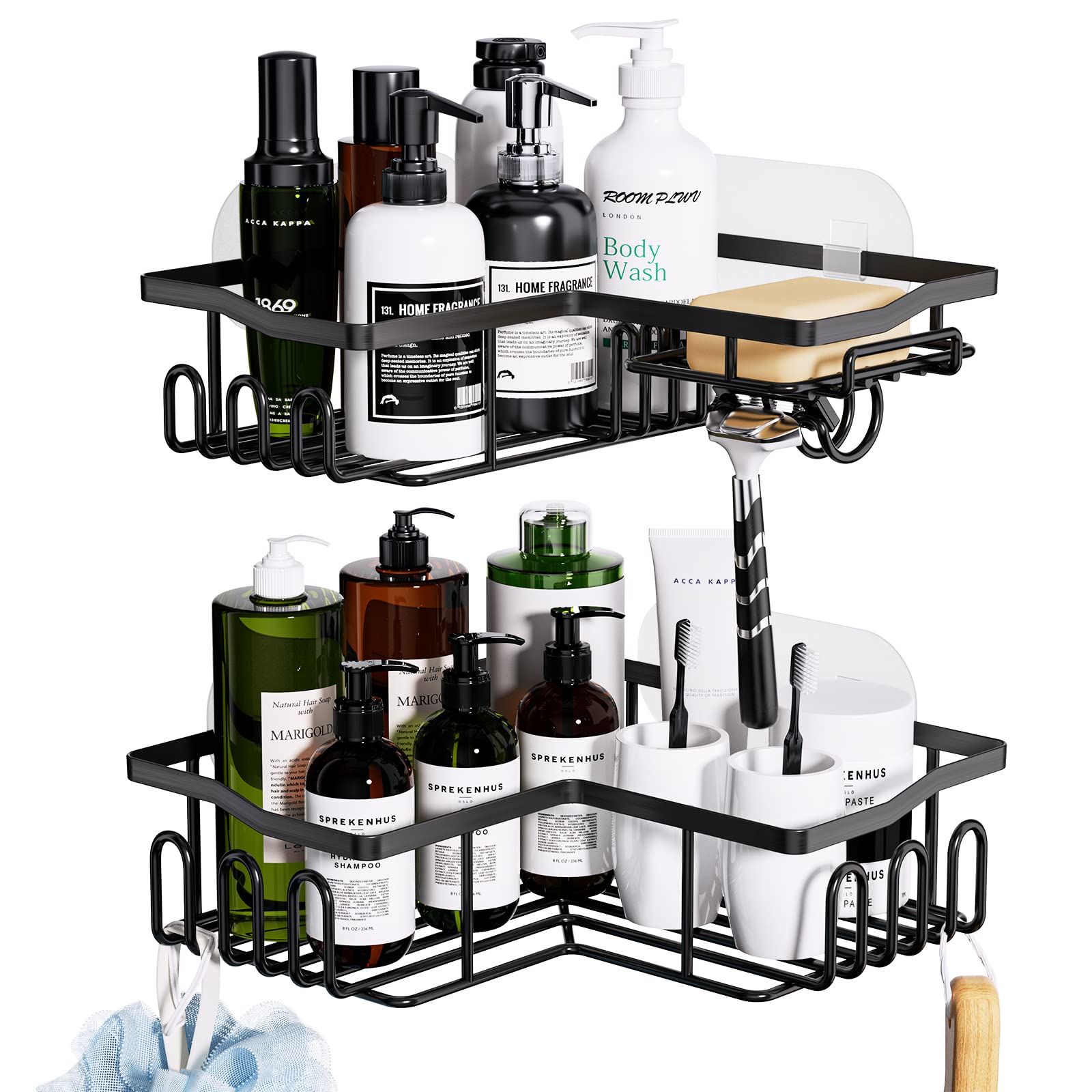 HapiRm Corner Shower Caddy - 2-Pack Stainless Steel Shelves with Hooks