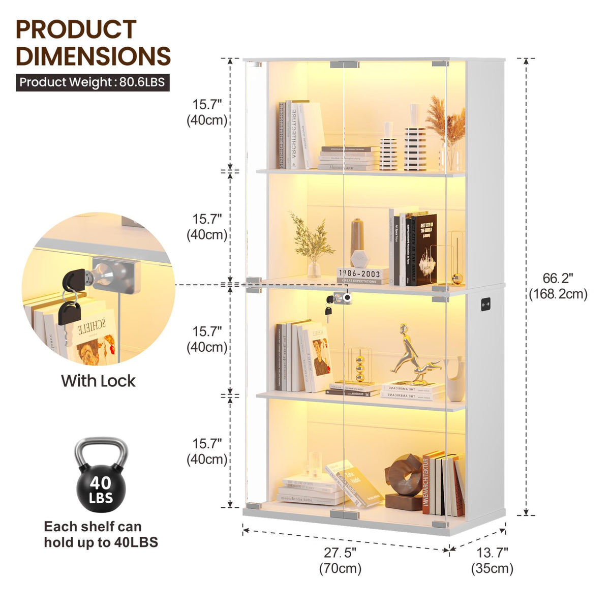66"Display Cabinets with Glass Doors and Adjustable Shelf for Toys,White - image 2