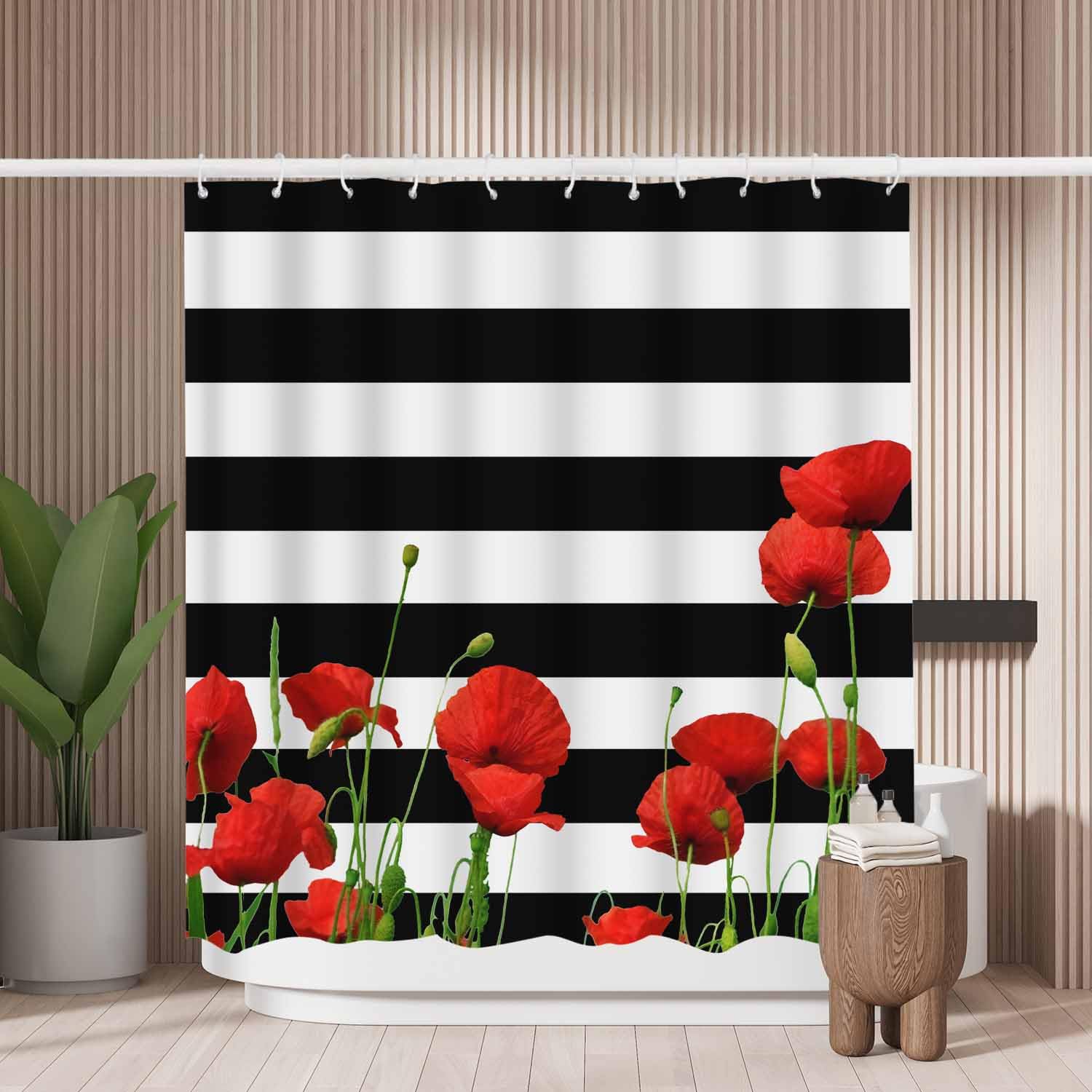 Woutay Red Poppy Floral Shower Curtain – Waterproof Mold Resistant Fabric