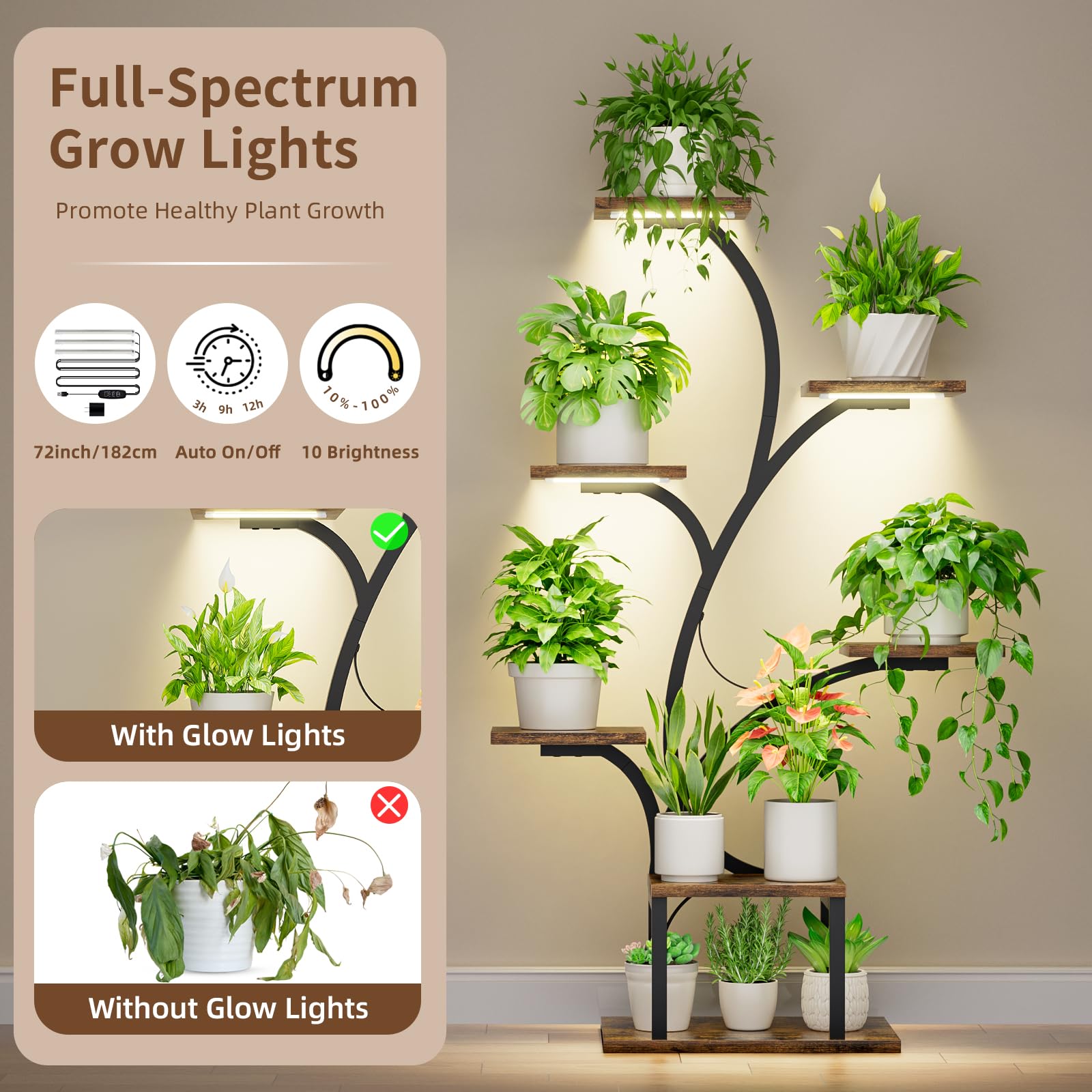 BACEKOLL 7-Tier Plant Stand with Grow Lights | 49" Metal Corner Shelf