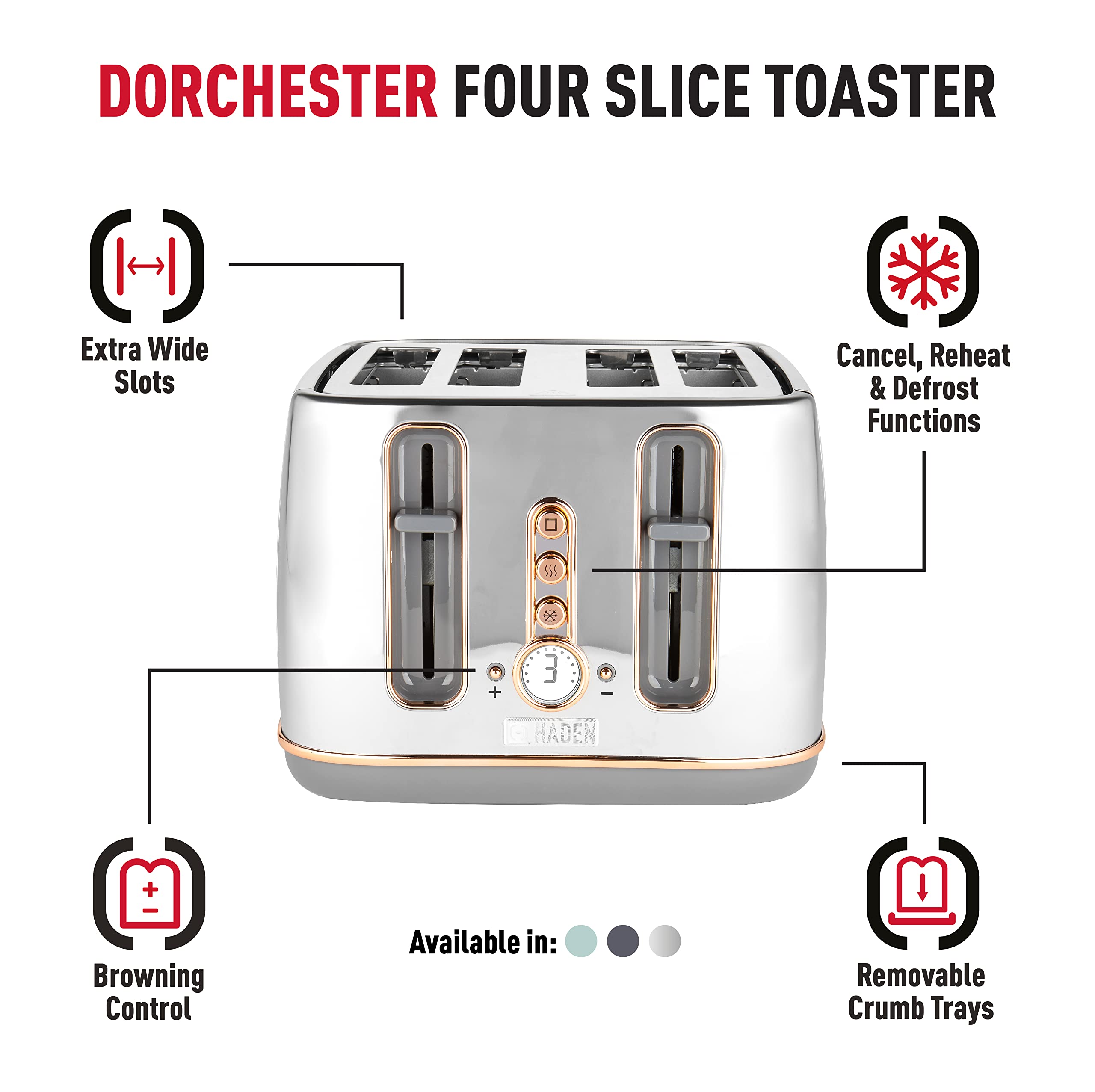 Haden Dorchester 4 Slice Digital Toaster – Chrome & Rose Gold Finish