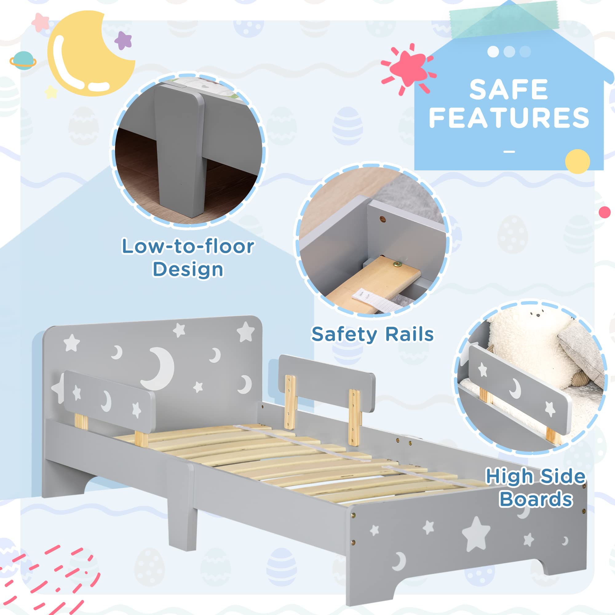 ZONEKIZ Kids Toddler Bed – Grey Moon & Star Bed Frame with Side Rails