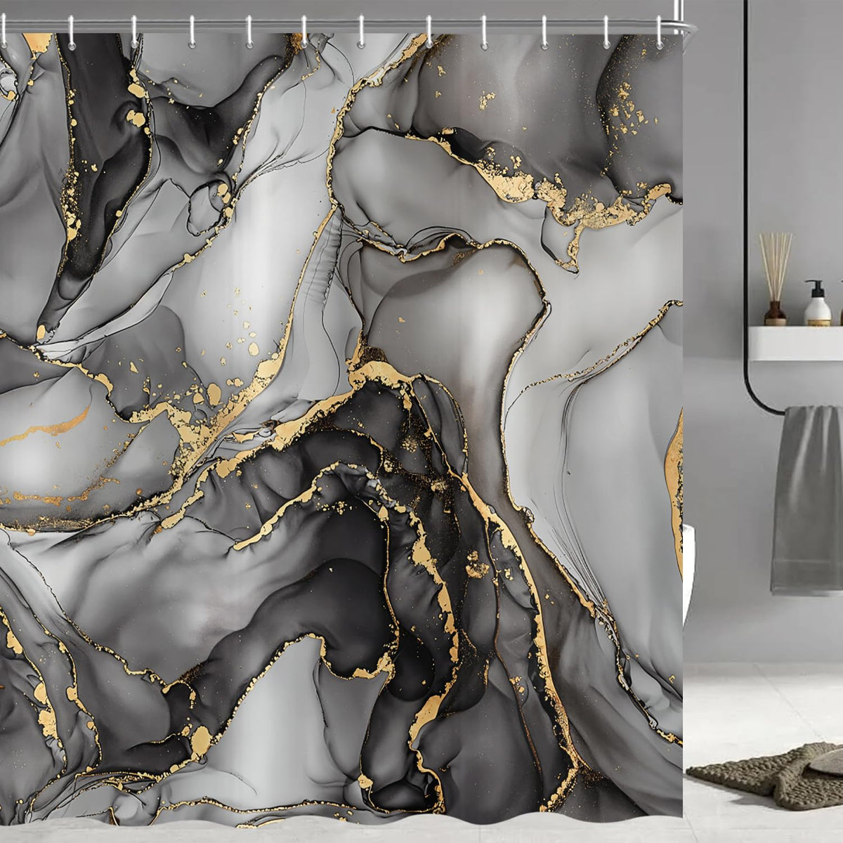 ASDCXZ Black Marble Shower Curtain 180x200 cm, Modern Abstract Art Gray Black Gold Marble Optics Texture Waterproof Bath Curtain Polyester Textile - image 3