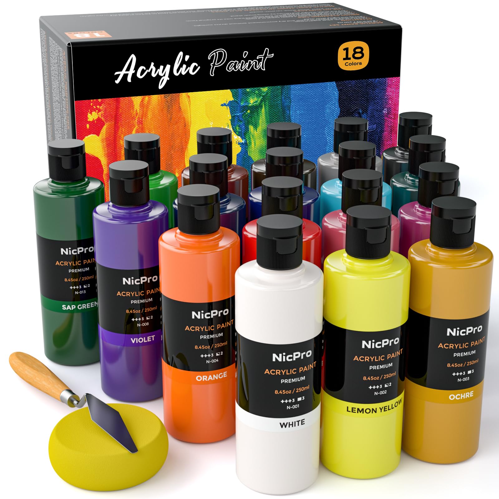 Nicpro 18 Colors Large Acrylic Paint Set - 250ml Non-Toxic Artist Supplies