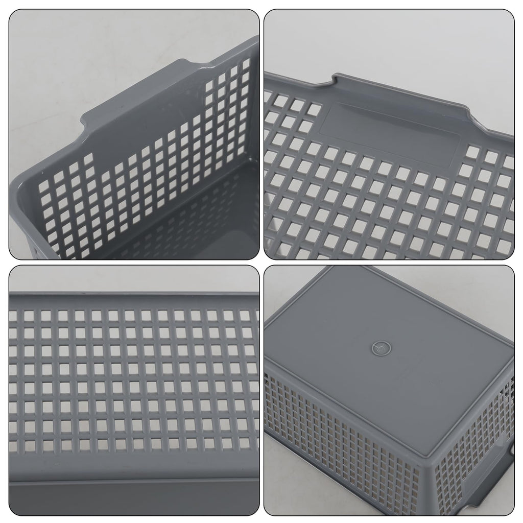 Afromy Set of 3 Plastic Storage Baskets, Rectangular Weave Storage Basket Bin, Grey - image 3