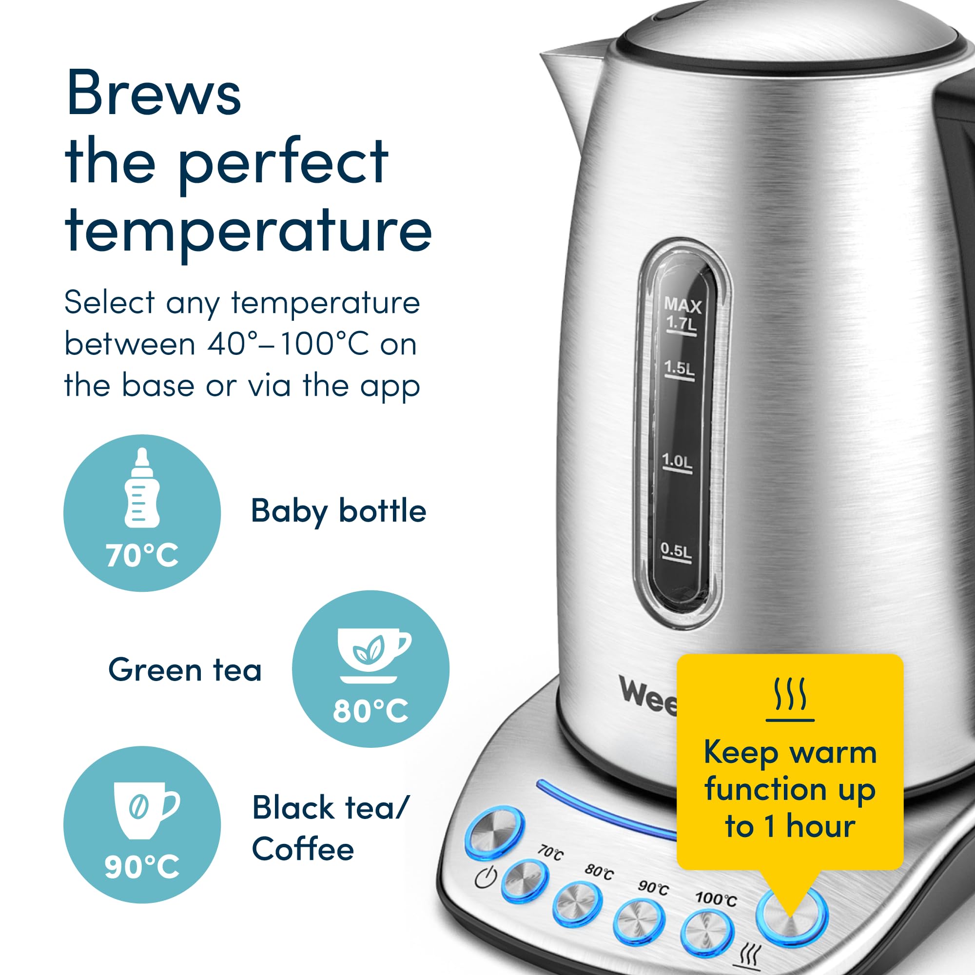 WeeKett Smart Kettle | 1.7L Voice Control Stainless Steel Electric Kettle